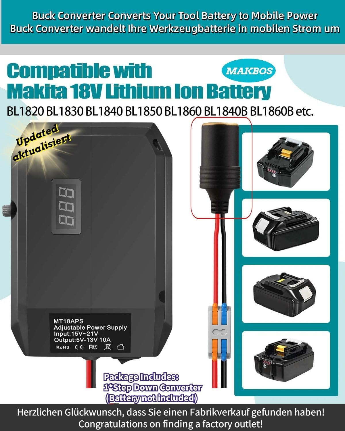 Step down Converter for Makita 18V to 12V Step-Down Converter Power Wheel Battery Adapter, DIY Converter Power Station, 5V-13V Max Output 10A Cigarette Lighter Connection, Power Connection for RC Car, image number 1