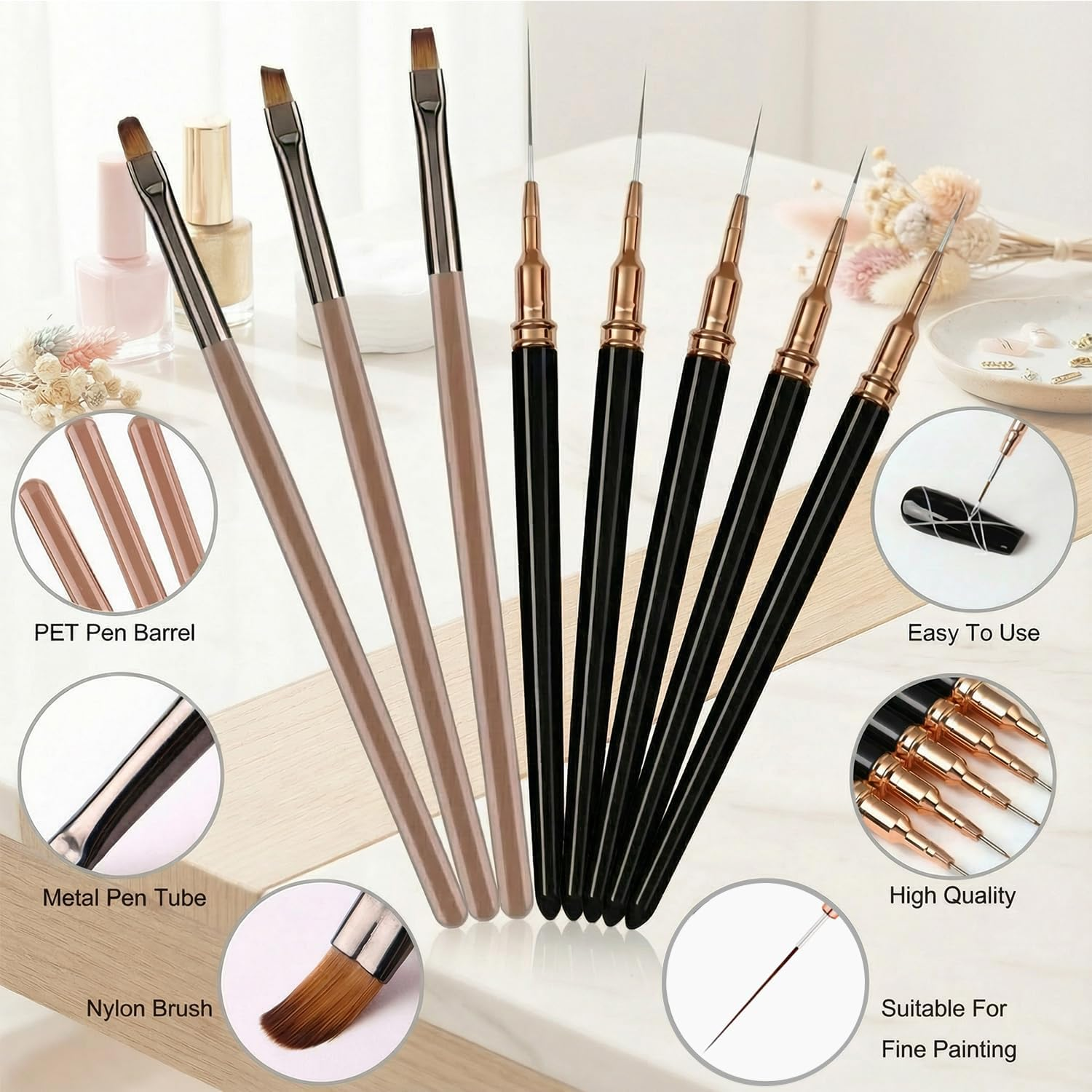 Nail Art Brushes Set,5Pcs Nail Art Liner Brushes for Fine Painting Diy, 3Pcs Nail Clean up Brushes for Clean Gel Mistake on the Cuticles,Nail Design Tools image number 2