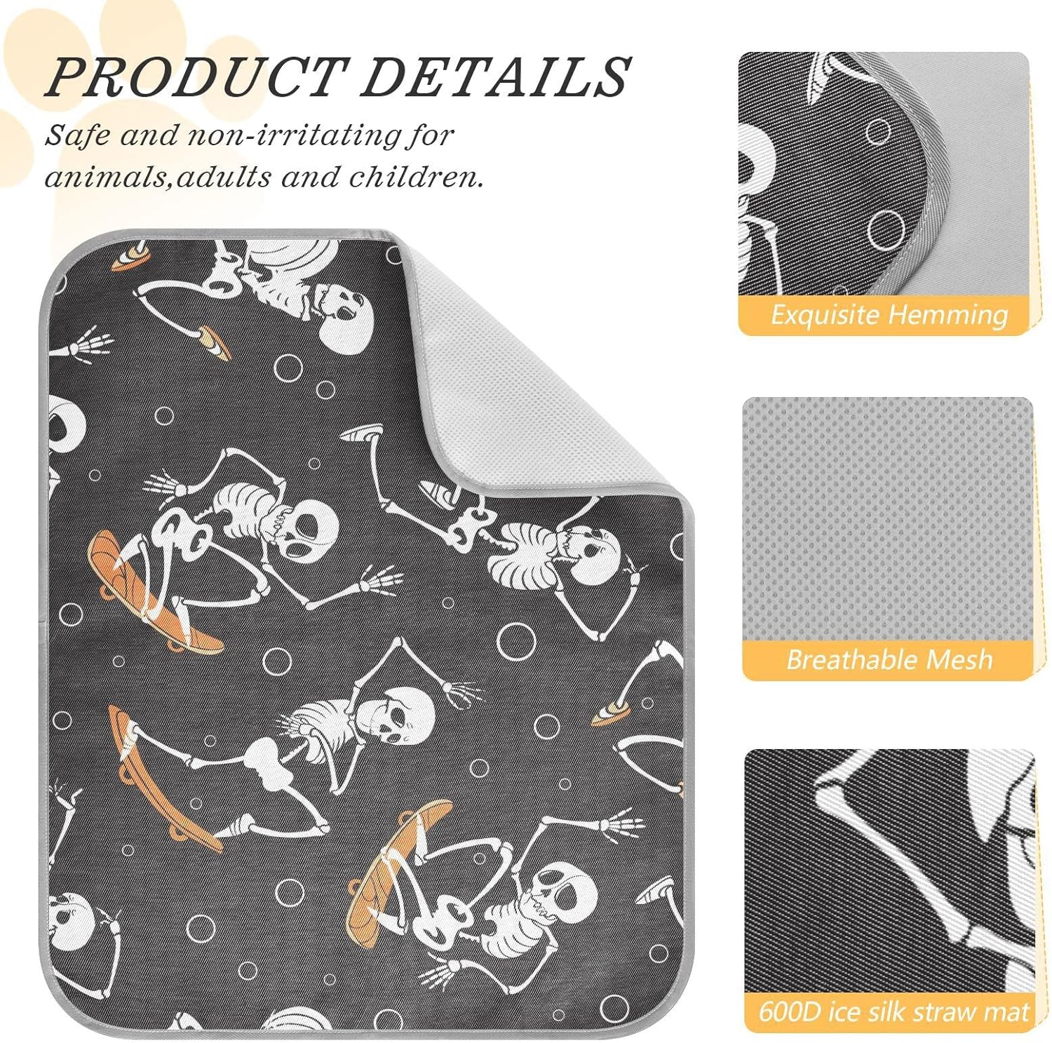 AIXIWAWA Skateboard Skulls Pet Cooling Mat for Cats Dogs Print, Summer Self Cooling and Sleeping Pad Small Size Non Toxic image number 2