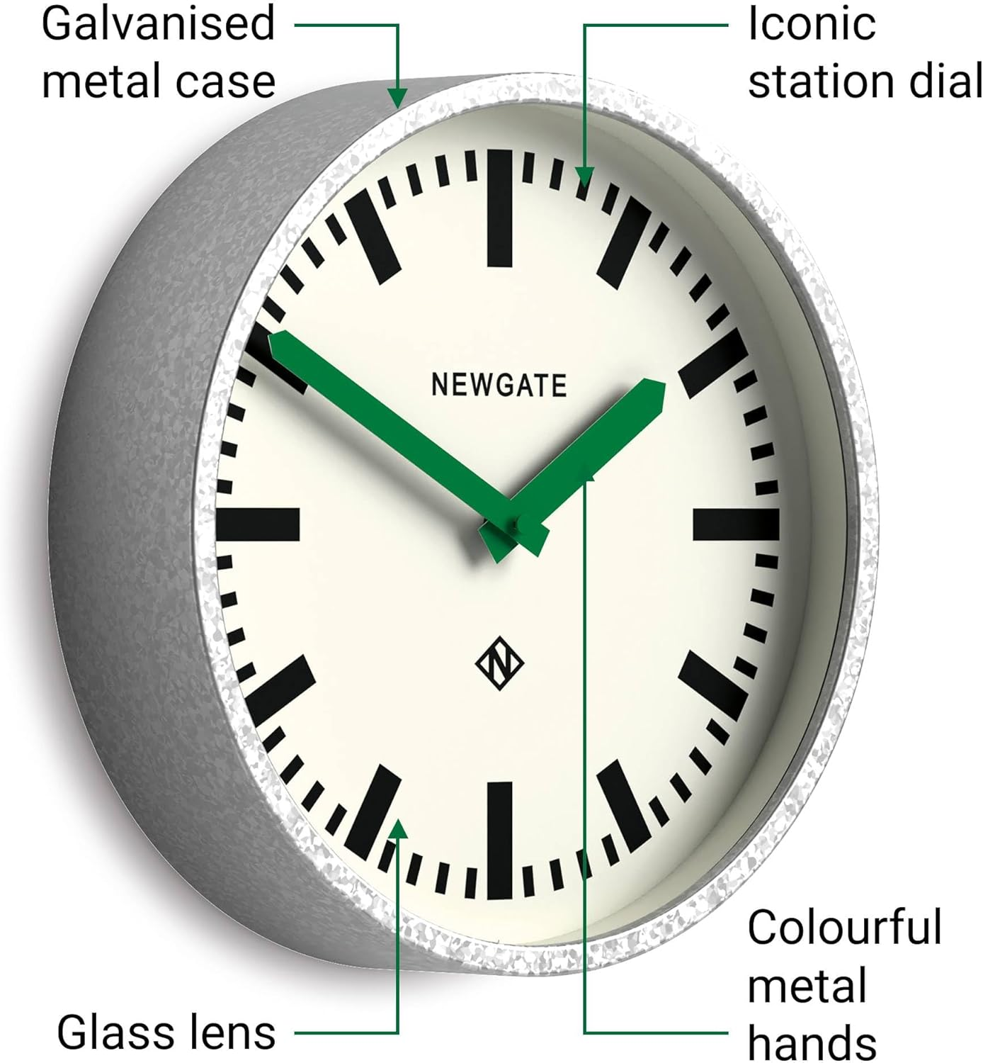 NEWGATE&reg; the Luggage Metal Retro Wall Clock - Newgate Wall Clocks - Designer Station Clock - Perfect as a Kitchen Clock - Office Clock - round Clock - Metal Clock - Galvanised Case/Green Hands image number 6