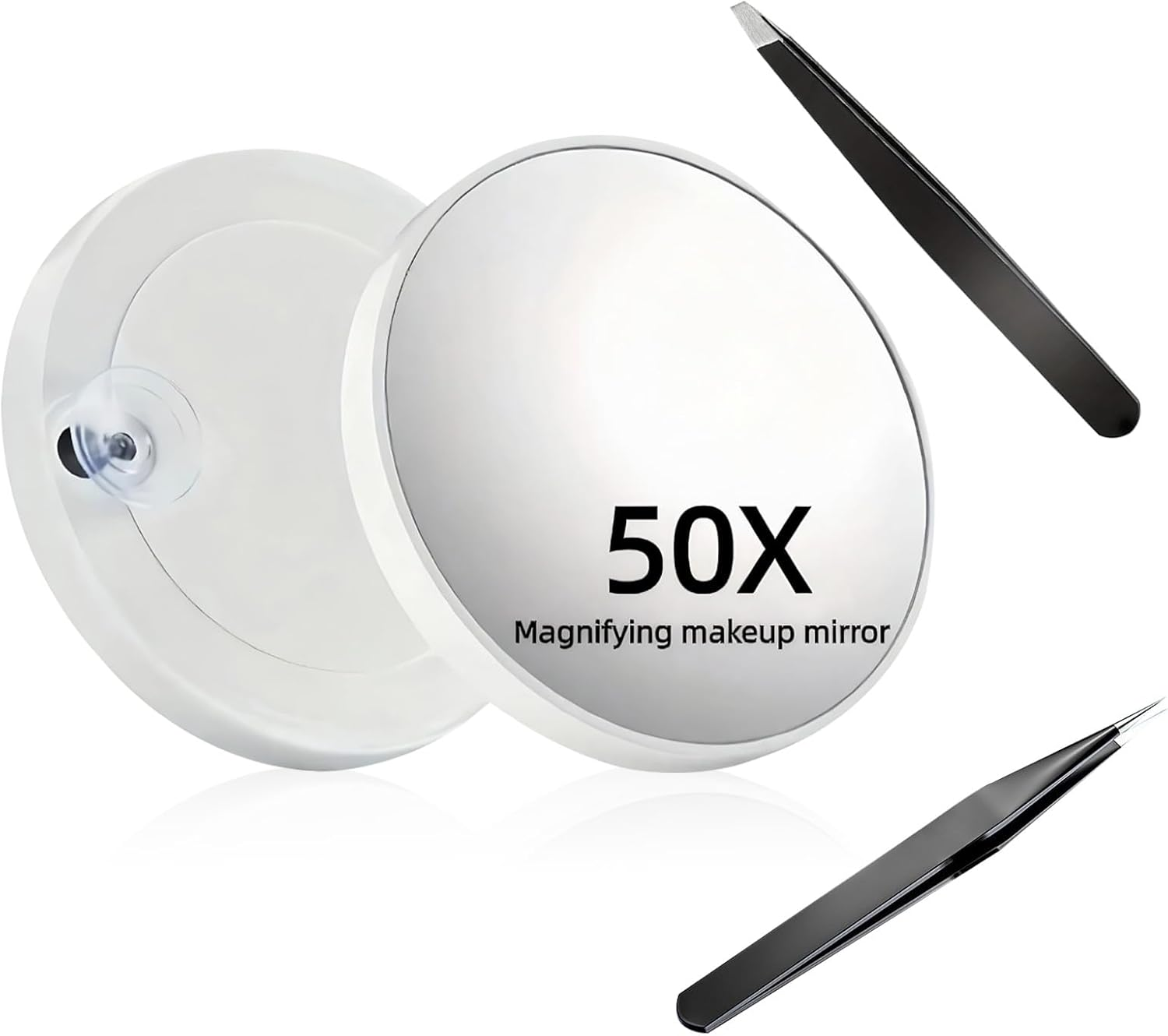 50X Magnifying Makeup Mirror with Suction Cup & 2 Precision Tweezers - Compact Portable Magnifier for Detailed Makeup, Skincare & Contact Lens Wear (White)