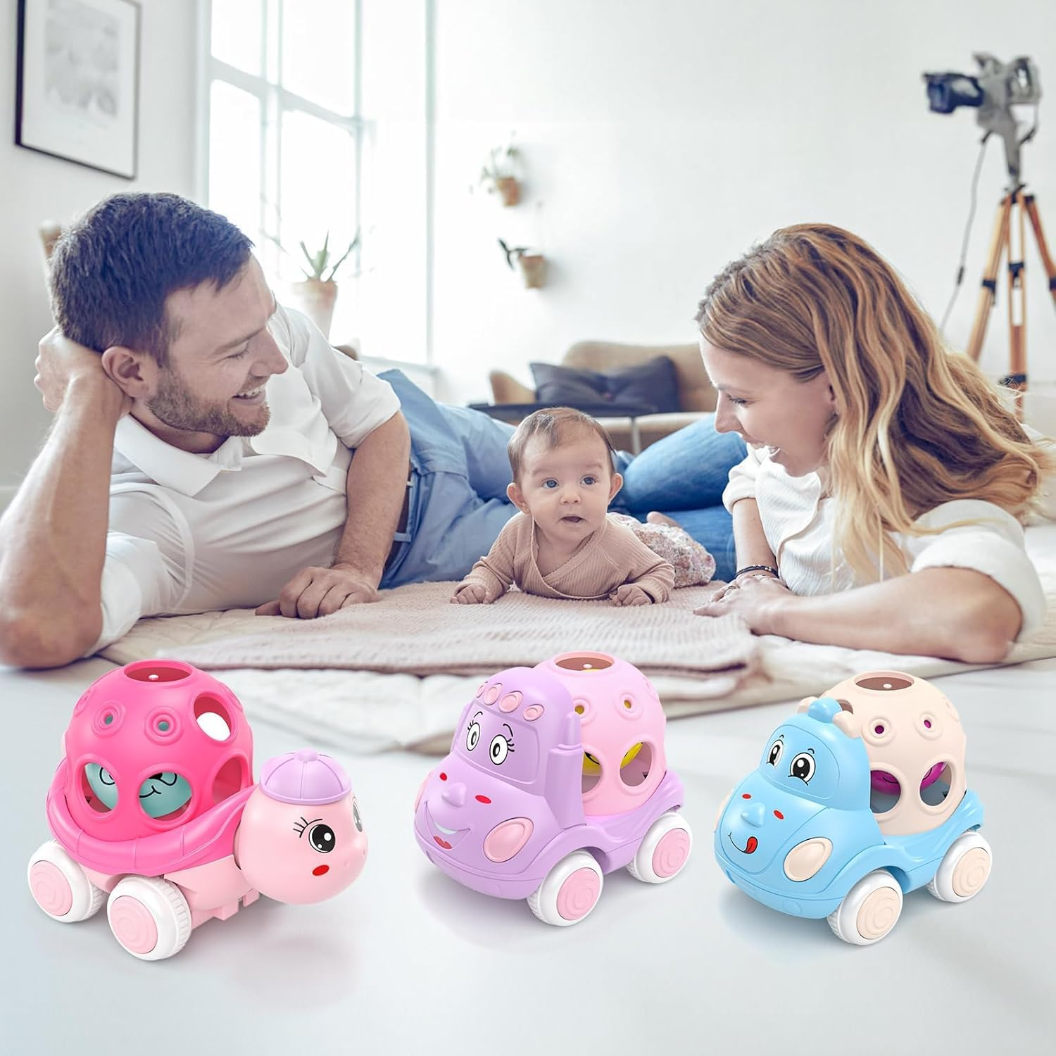 Baby Girl Toy Cars for Toddlers 1-3, Push and Go Rattle Cars for Baby Toy 6-9-12-18 Months, First Birthday Gifts for 1 2 Year Old Girls, Infant Pink Friction Truck Set image number 4