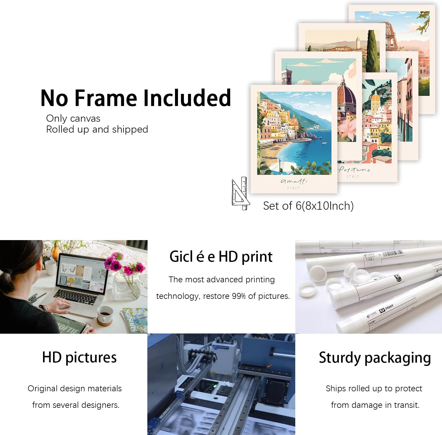 FEOFTIE Vintage Travel Posters Italy Amalfi Coast Wall Art Retro Posters Set of 6 Italian City Wall Art Landscape Poster Beach Painting Venice Rome Wall Art for Bathroom 8X10 Inch Unframed image number 1