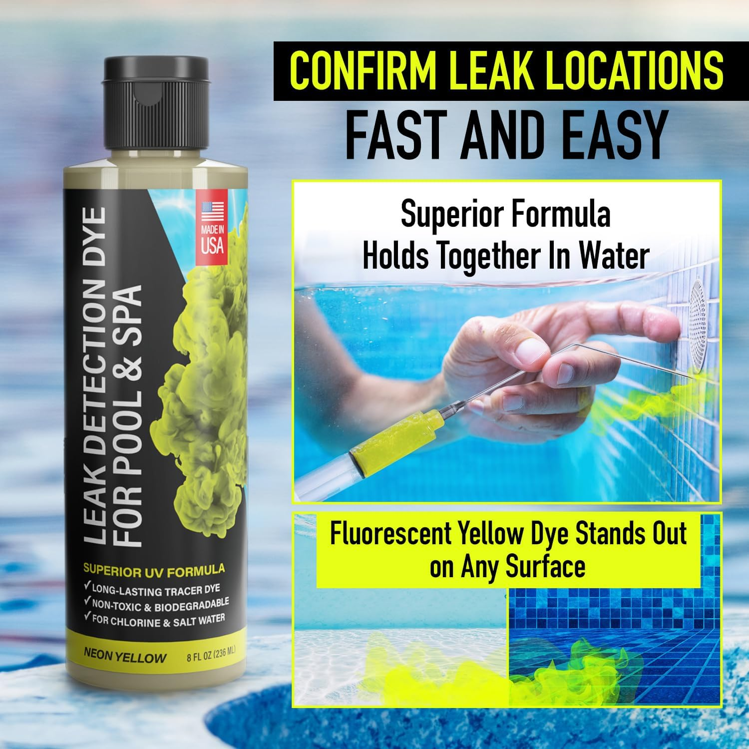 Pool Leak Detection Dye Kit - with 2 Precision Applicators - Made in USA - Superior Long Lasting UV Pool Dye Easily Locates Leaks - for All Pool, Spa, & Hot Tub Types - 8 OZ (Fluorescent Yellow) image number 2