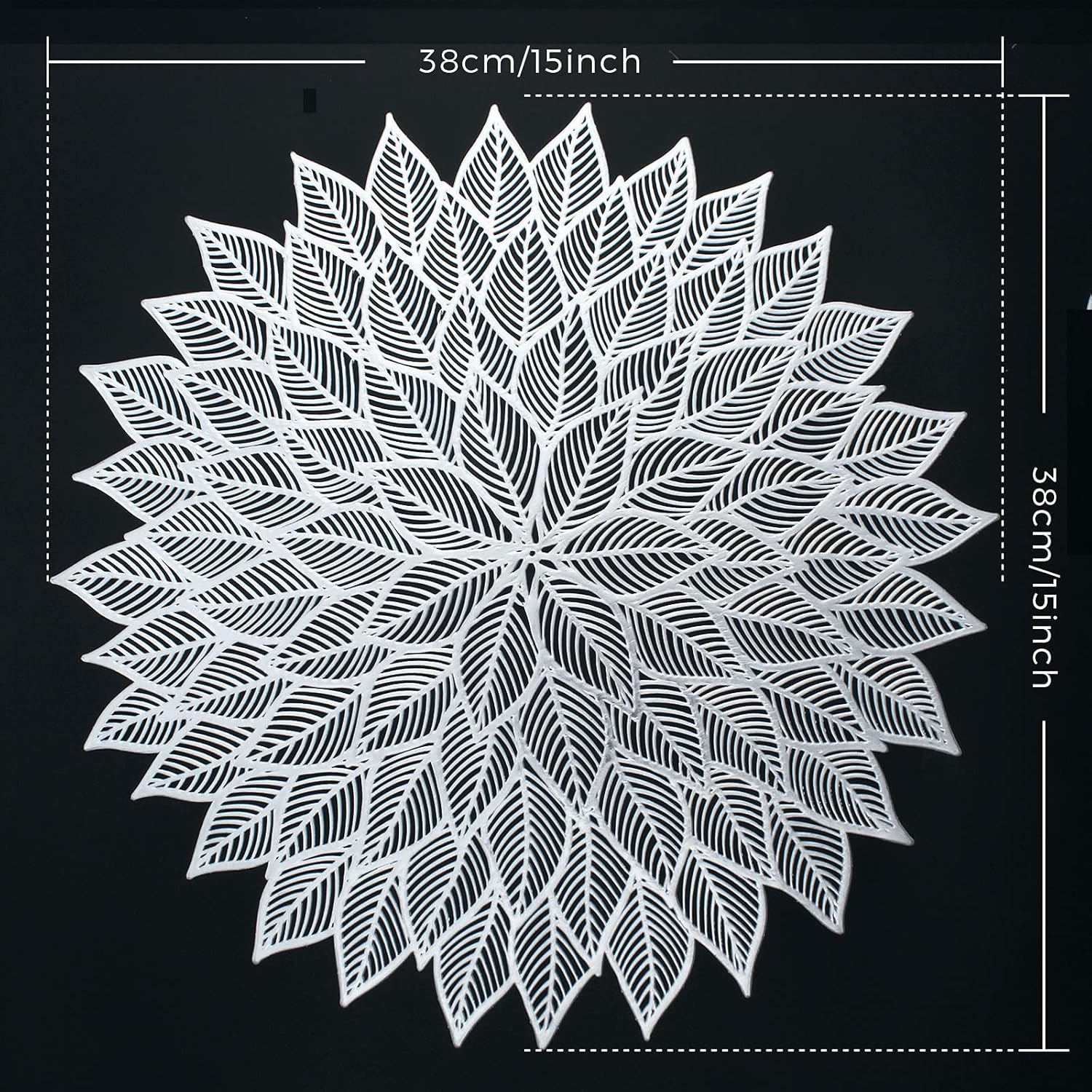 Placemats Set of 6, round Hollow Out Flowers Place Mats for Dining Table Pressed Vinyl Blooming Leaf Table Mats for Holiday Party Wedding Accent Centerpiece Dinner Table Decoration (Silver) image number 1