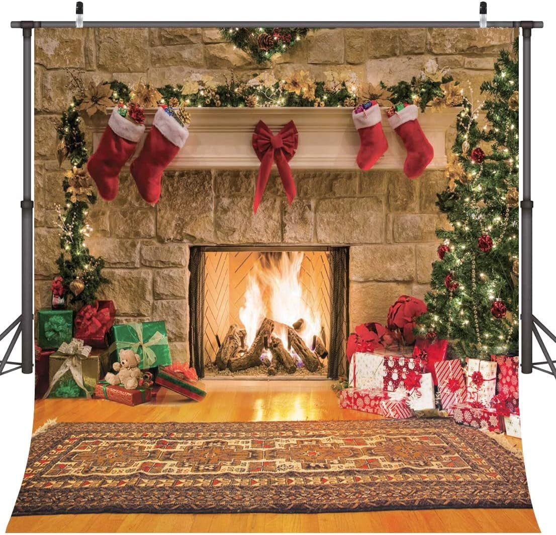 CYLYH 10X10Ft Christmas Backdrops Christmas Fireplace Theme Backdrop Tree Sock Decorations for Xmas Party Supplies Photo Background Pictures Banner image number 2