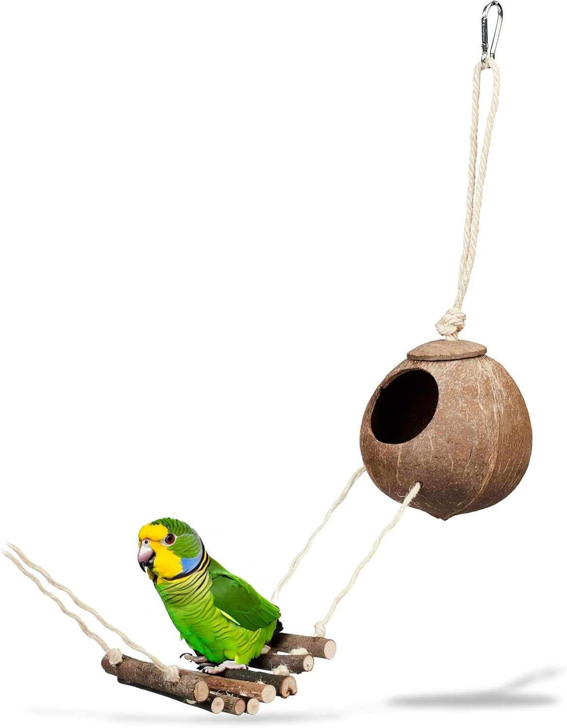 Relaxdays Bird Toy Wooden Ladder Coconut Shell Bird Cage Accessories for Budgie Canary Bird Nest Natural 1 Piece image number 2