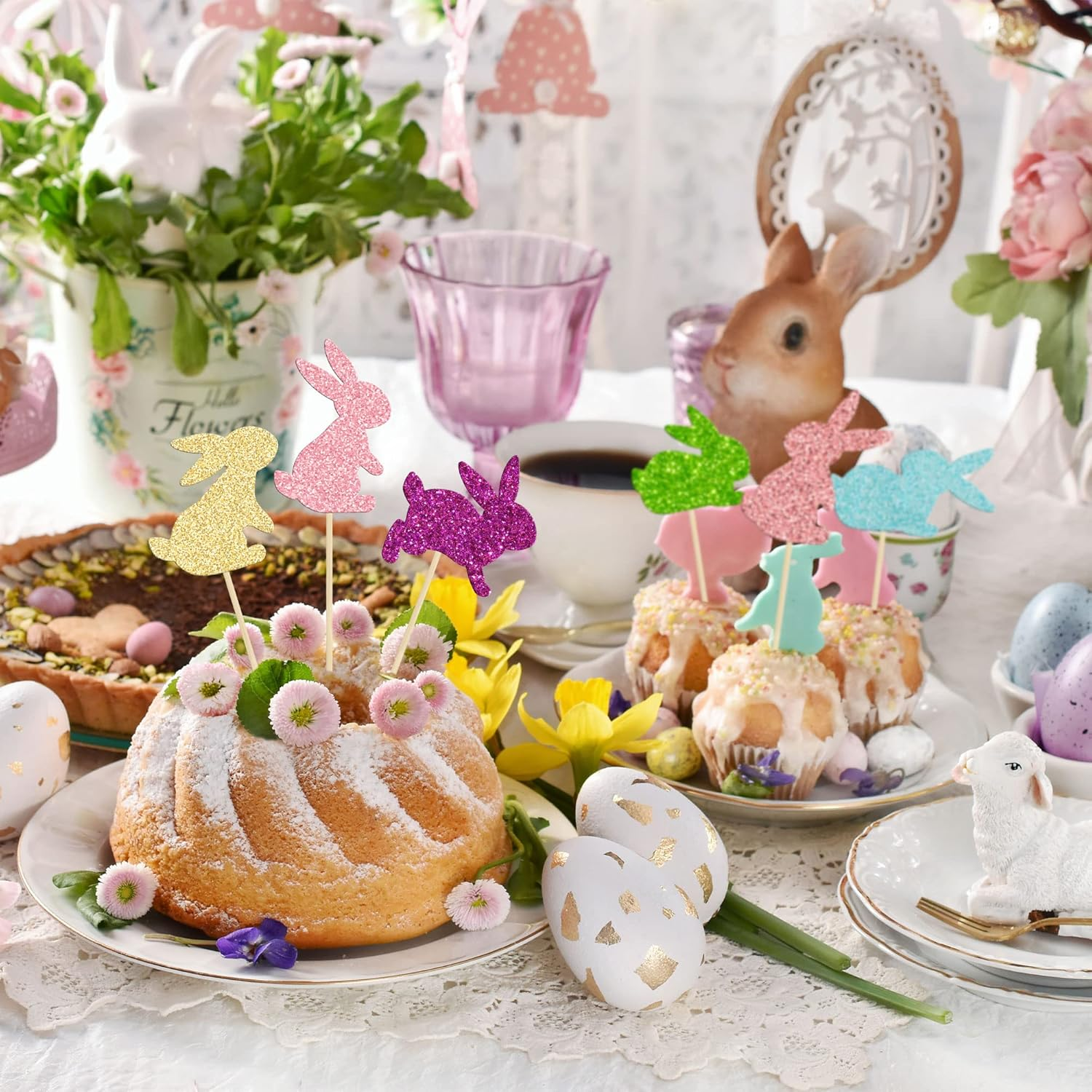 24Pcs Happy Easter Cupcake Toppers Glitter Cute Bunny Cake Decorations Bunny Rabbit Cupcake Picks for Easter Spring Theme Babyshower Kids Birthday Party Supplies - Blue 12 image number 2