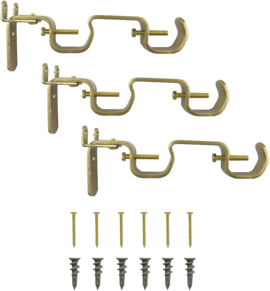 Satorihome Double Rod Curtain Brackets, Set of 3 &ndash; Golden Brass Finish, Heavy-Duty Steel, No-Drill Option with Anchors & Hardware image number 2