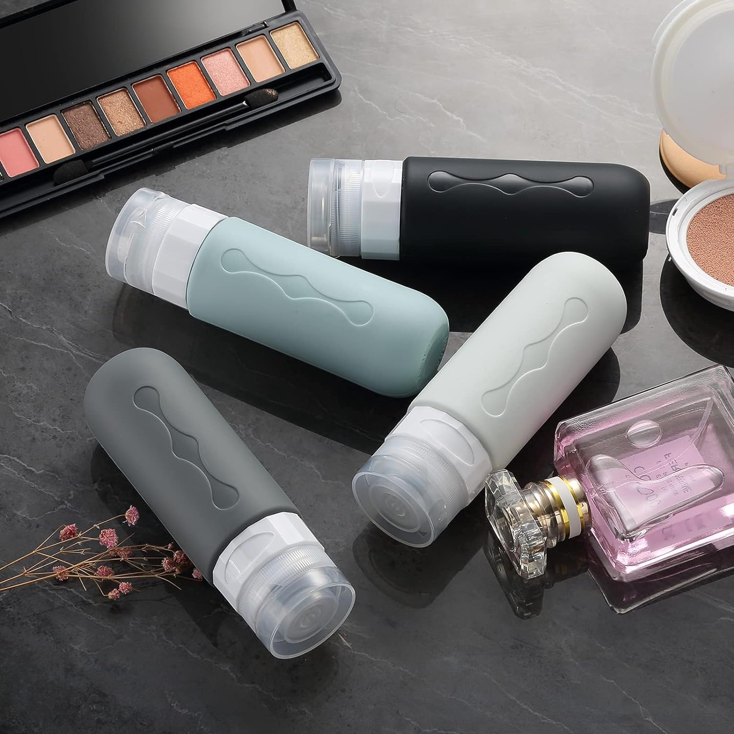 MUYXGYFE Pack of 4 Silicone Travel Bottles 90 Ml,Tsa Approved Bottles Set,Leak-Proof Container and Travel Toiletries Set,Filling Shampoo Cream Conditioner Body Care (Grey) - Grey image number 4