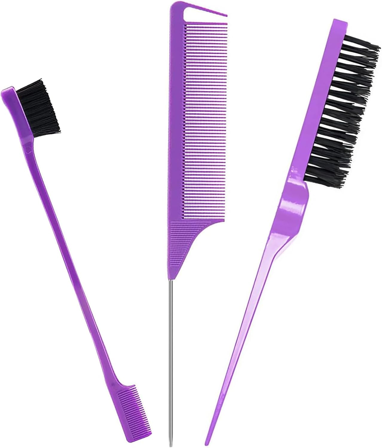 3Pcs Styling Hair Brush Set, Rat Tail Comb, Double-Sided Edge Brush, Bristle Hair Brushr for Women Man, Purple