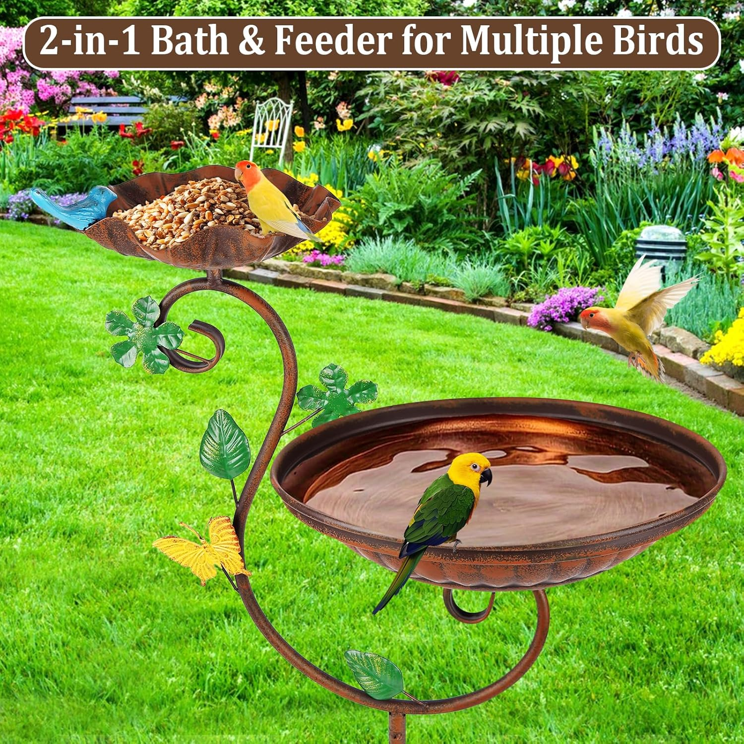 STAVAN 44" Cast Iron 2-In-1 Bird Bath & Feeder for Outdoors &ndash; Heavy Duty Vintage Pedestal with Floral Design, Stable Rust-Resistant Base, Elegant Garden Patio D&eacute;cor image number 2