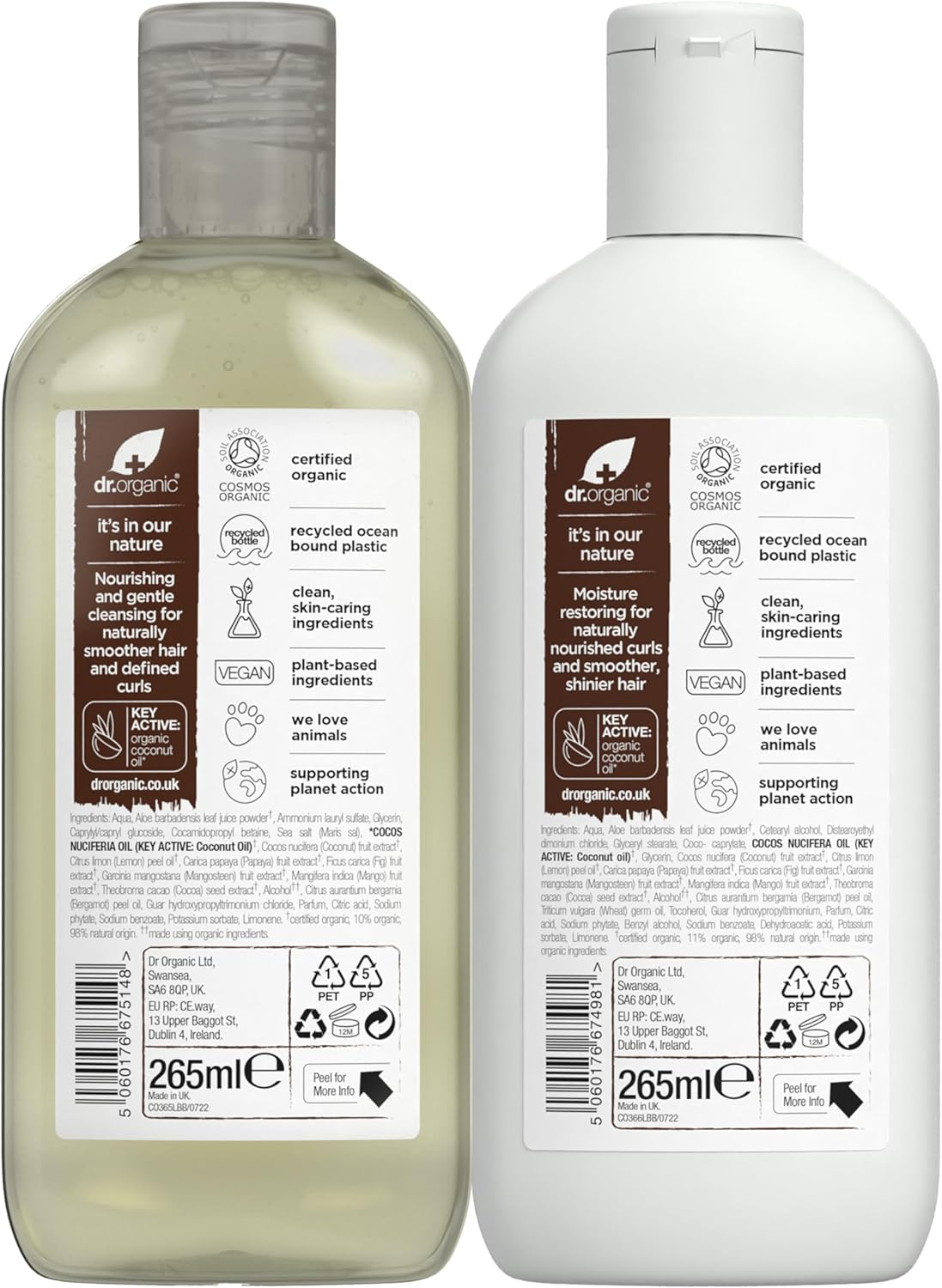 Dr Organic Coconut Oil Shampoo & Conditioner Set with Travel Bag - Women'S & Men'S Skincare - Nourishing, Rejuvenating & Hydrating - Vegan, Cruelty, Paraben & SLS Free - 265 Ml & 265 Ml - Bundle