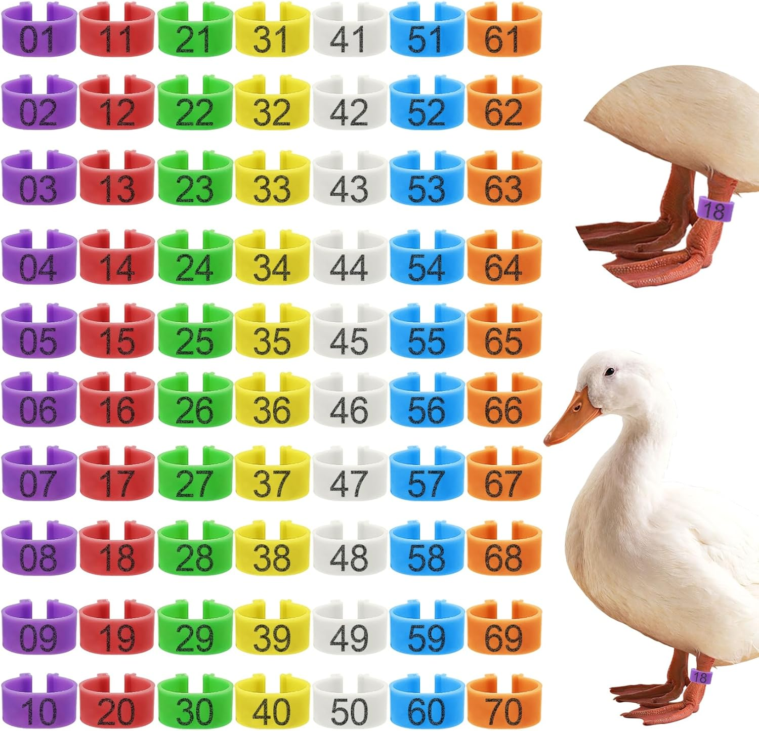 70 Pcs 20Mm Duck Leg Rings Colorful 01-70 Numbered Duck Identification Leg Bands, Duck Chicken Leg Tags Clip on Poultry Ankle Rings for Ducks Chicken Guinea Goose Gamefowl Turkey