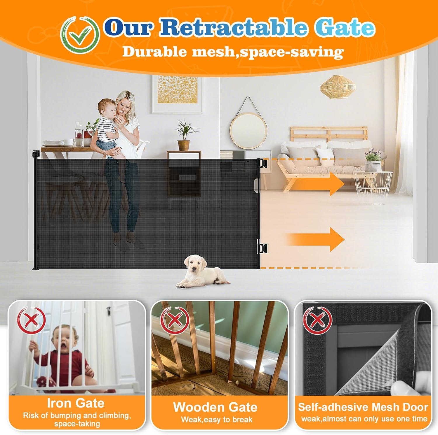 Retractable Baby Gate Pet Gate,180Cm Baby Gate,89 Cm Tall Baby Gate Safety Gate One Handed Operation Durable Mesh Dog Gate for Doorways, Stairs, Hallways,Indoor&Outdoor image number 1