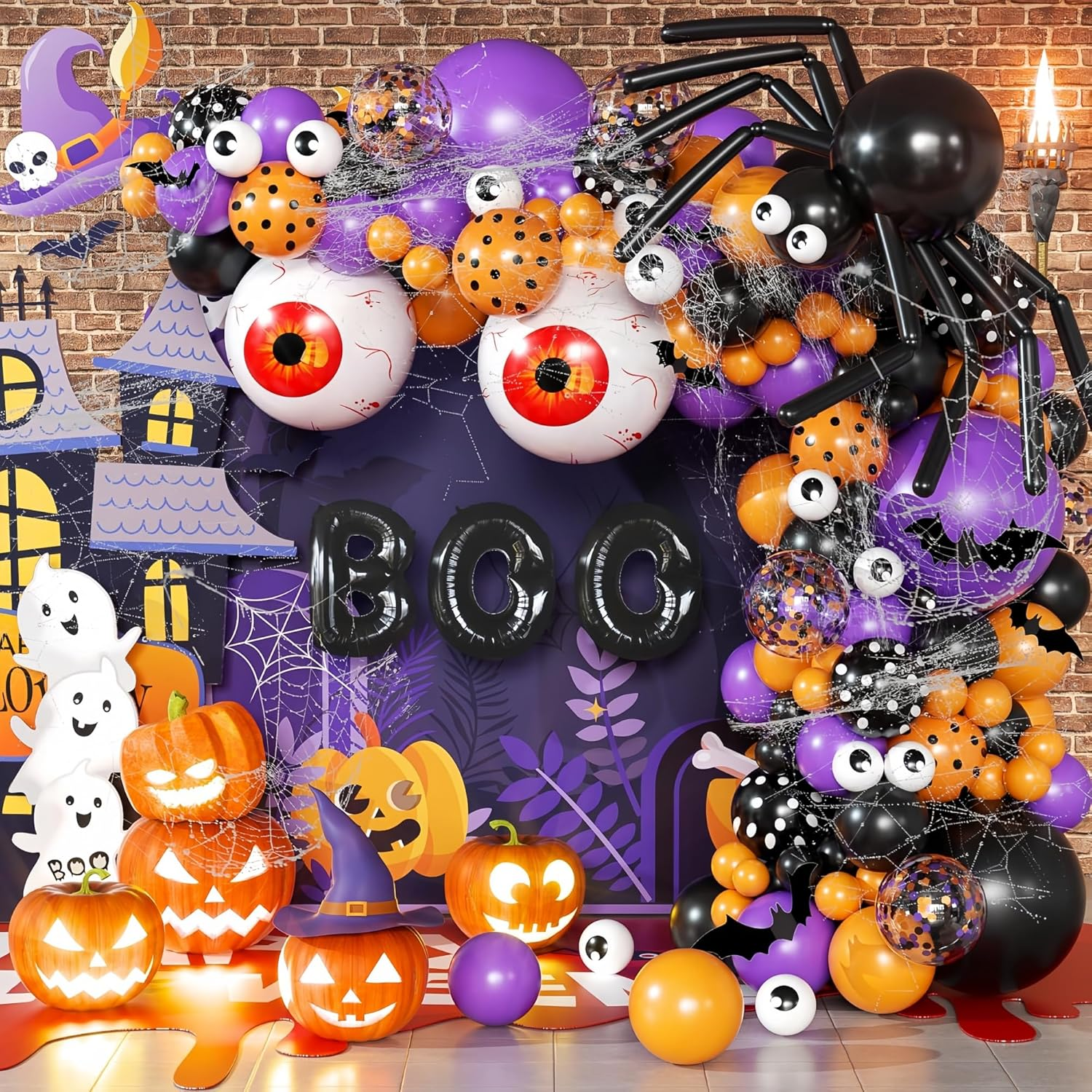 Longfng Halloween Decoration Set &ndash; Light-Up Pumpkin Lamp,128 Pcs Halloween Party Balloon Garland Arch Kit & Hand Pump for Indoor Outdoor Halloween Porch,Fireplace Funny Decor image number 2