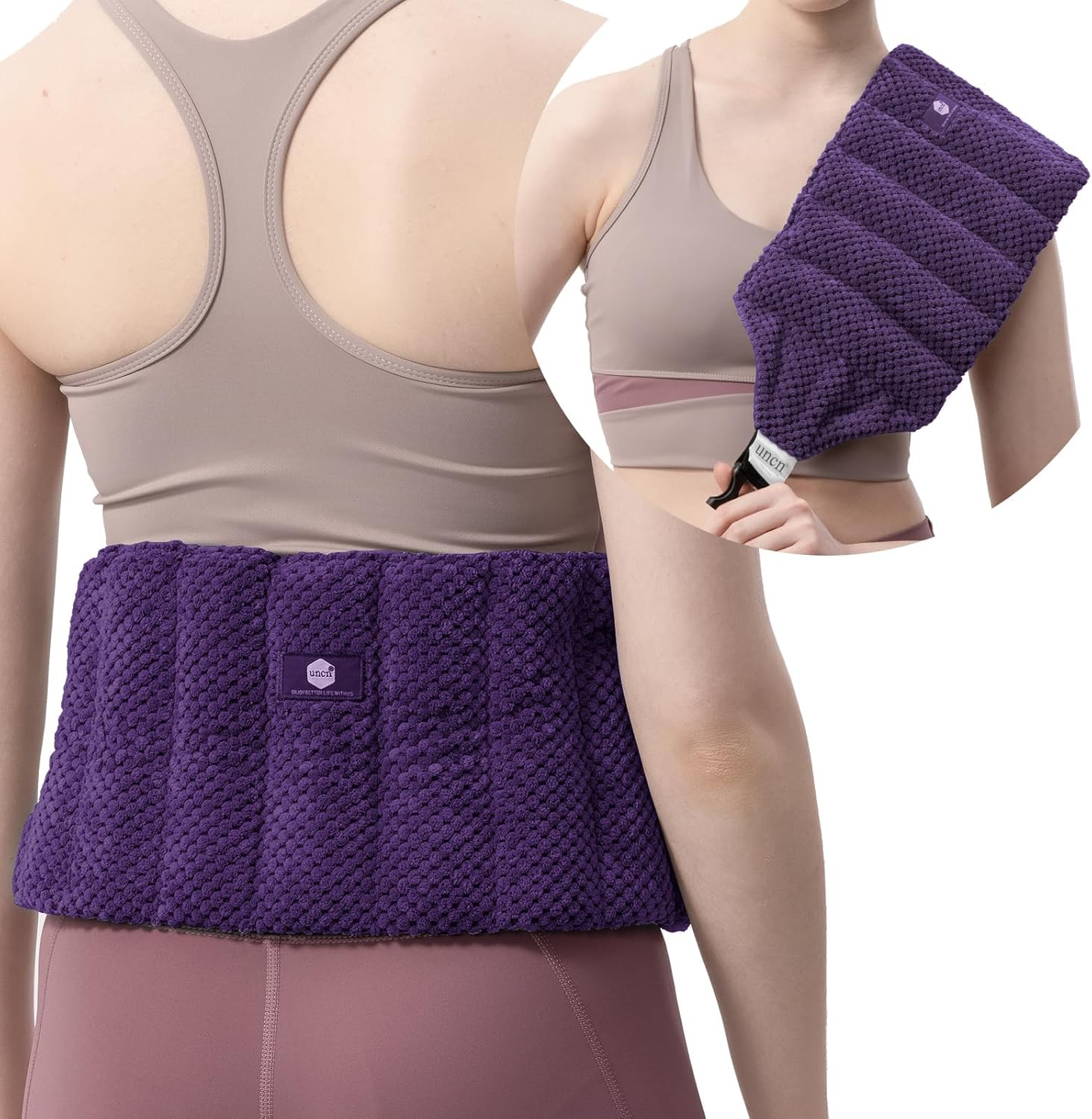 UNCN Large Microwave Heat Pack for Lower Back Pain Relief with Adjustable Strap| Wheat Bags Microwavable for Belly, Lumbar, Neck & Shoulder, Cramps, Menstrual, Muscle Spasms| Back Heat Pack (Dark Purple) image number 5