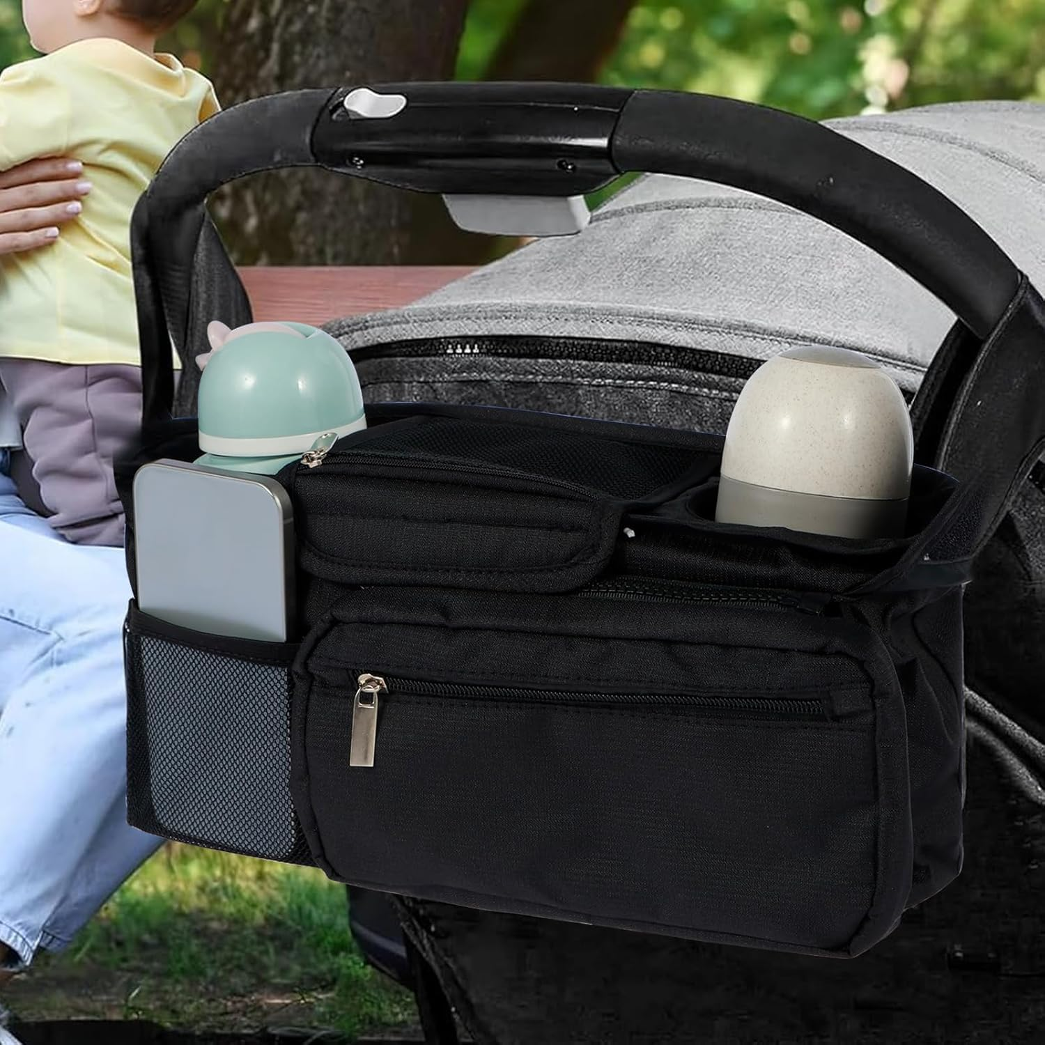 Baby Pram Bag, Baby Pushchair Organizer with Insulated Drink Cup Holder and Phone Storage, Universal Stroller Storage Bag with Adjustable Strap and Detachable Pocket (Black) - Black image number 3