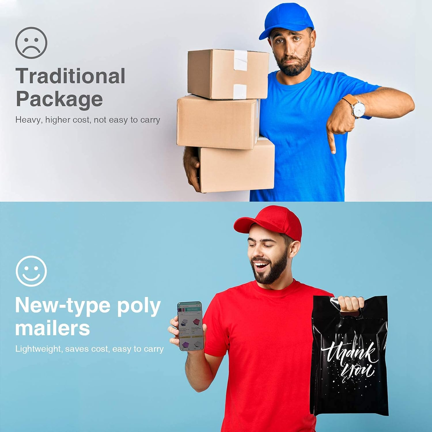 Switory 100Pcs Parcel Bags for Posting Clothes 305X394Mm with Handle - Self Adhesive Postal Mailing Bags 12X15.5 Package for Clothing - Black with Thank You Design