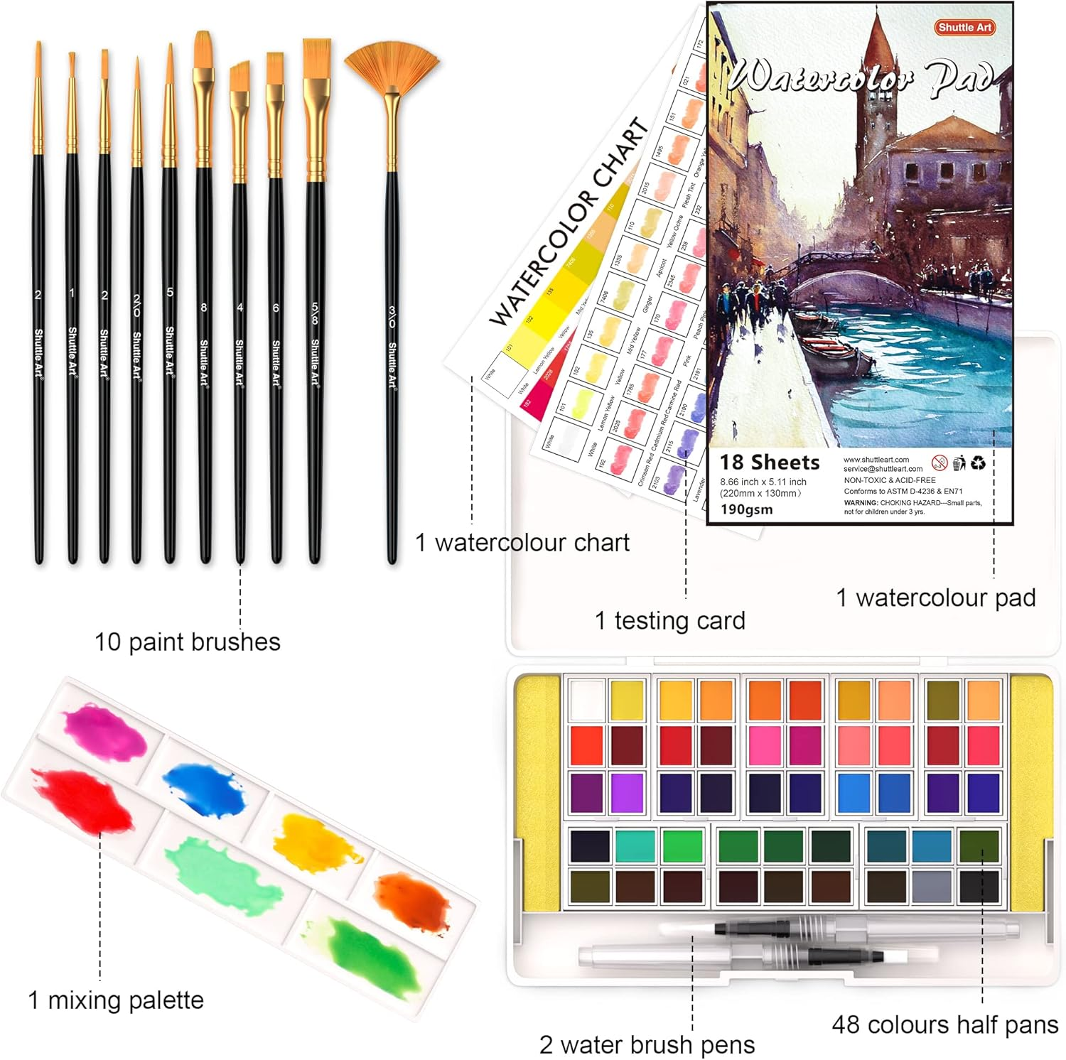 Shuttle Art Watercolour Paint Set, 48 Colours Watercolour Paint in Half Pans with 2 Water Brush Pens, 10 Paint Brushes, 1 Watercolour Pad, 1 Palette, 2 Colour Charts, Watercolour Kit for Kids Adults image number 1