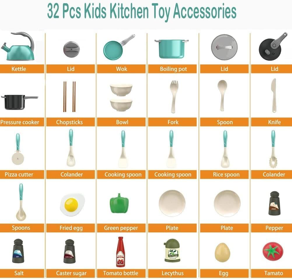 32Pcs Kids Kitchen Accessories Set,Toddlers Pretend Cooking Playset,Play Kitchen Toy with Pots Pans, Utensils Cookware, Foods, Canned Veges, Play Food Sets Toys for Kids Girls Boys(Green)