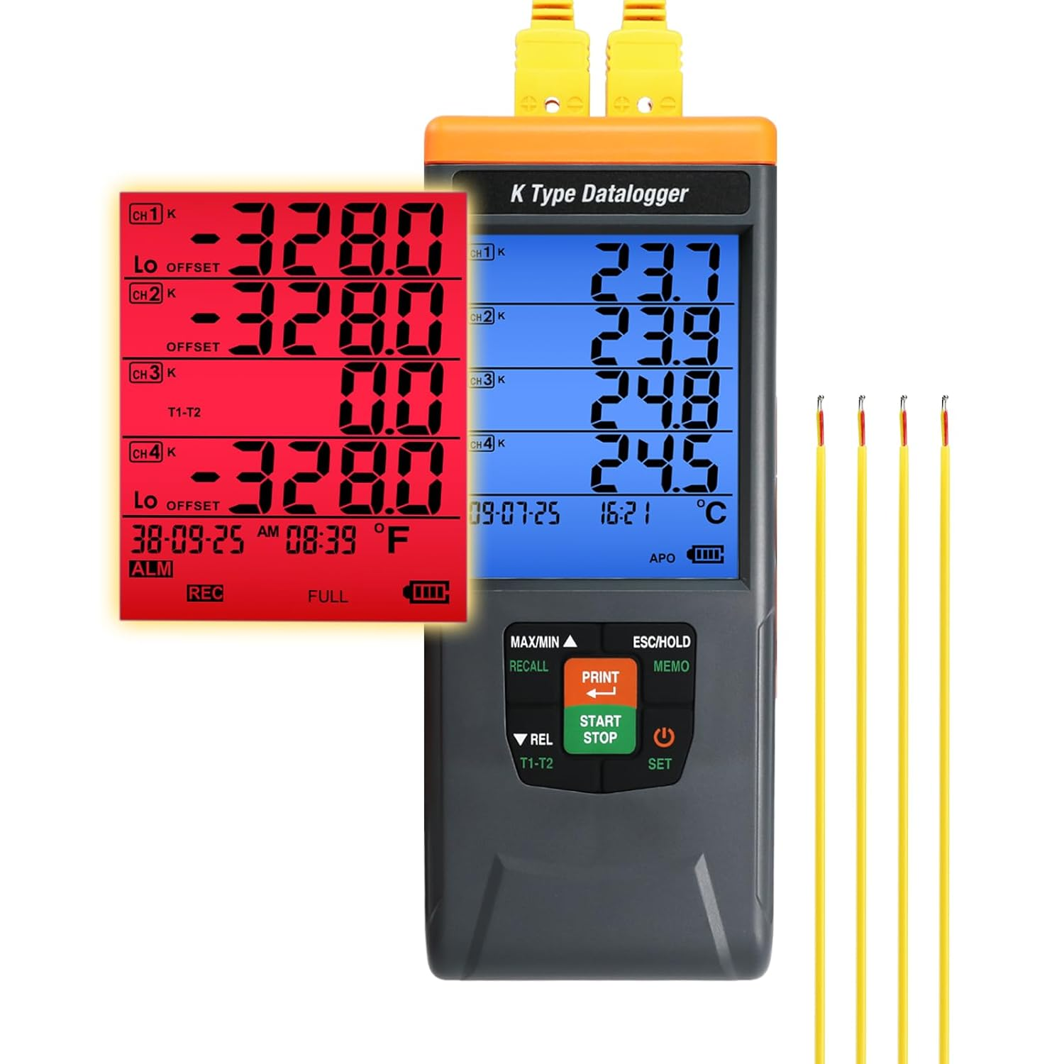 Thermocouple Thermometer Data Logger 4 Channel Digital K Type Temperature Data Logger Recorder with 48K Records, 328~2498℉ (-200~1370℃) Range with Audible/Visual Alarms for Laboratory Industrial