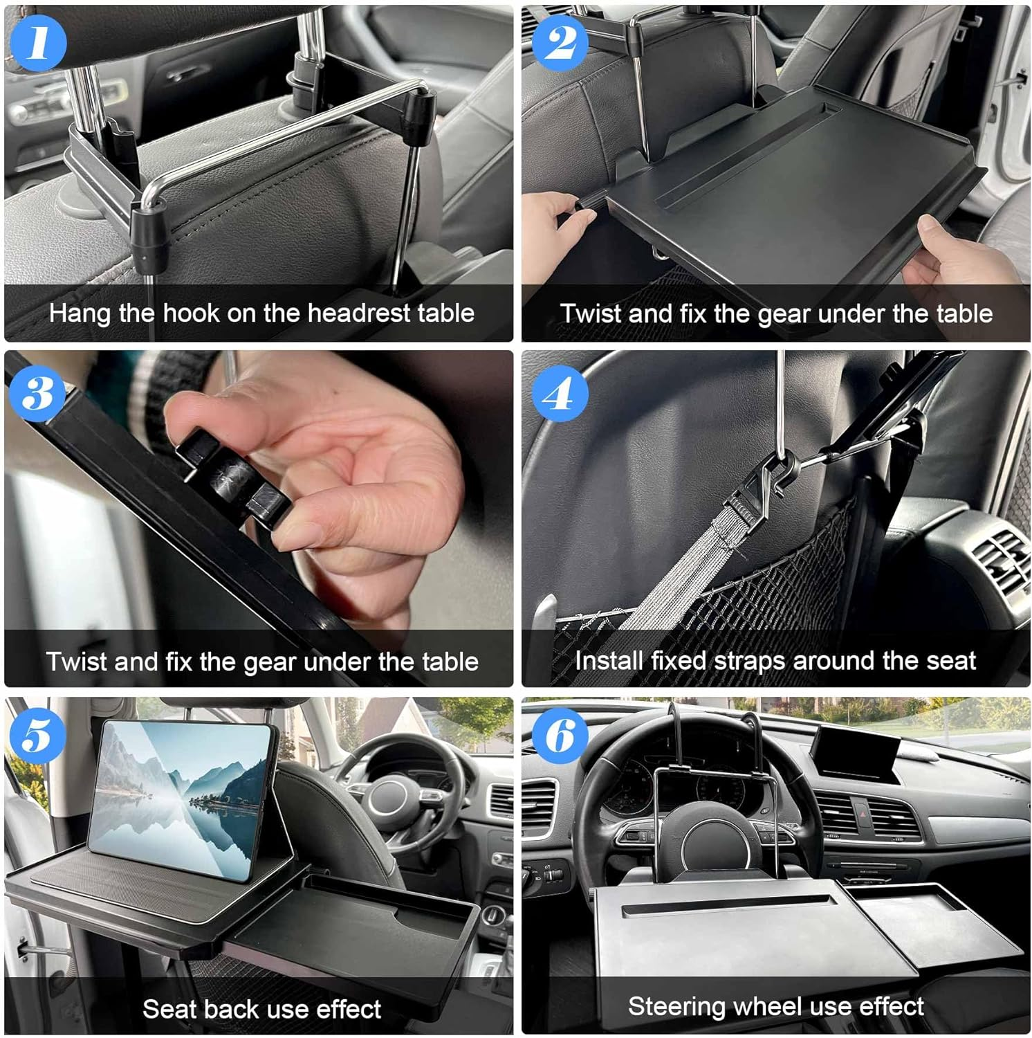 Car Steering Wheel Tray, 2 in 1 Foldable Laptop Car Desk, Black image number 2