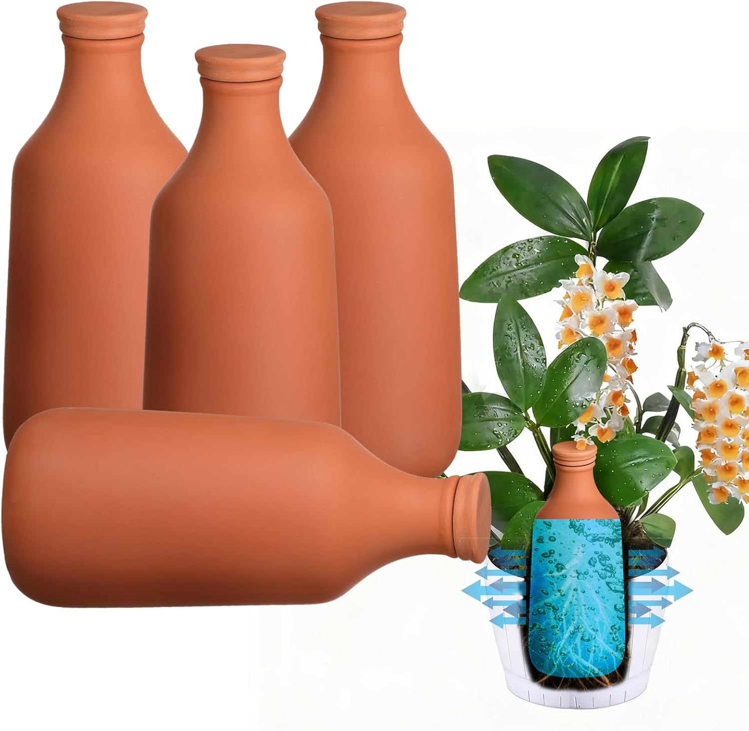800Ml(27Oz) Self Watering Terracotta Pots 4 Pack, Ollas Plants Watering Devices with Pottery Stopper, Auto Plant Waterer for Garden Slow Release Plant Watering Spikes for Vacation Outdoor Indoor image number 1