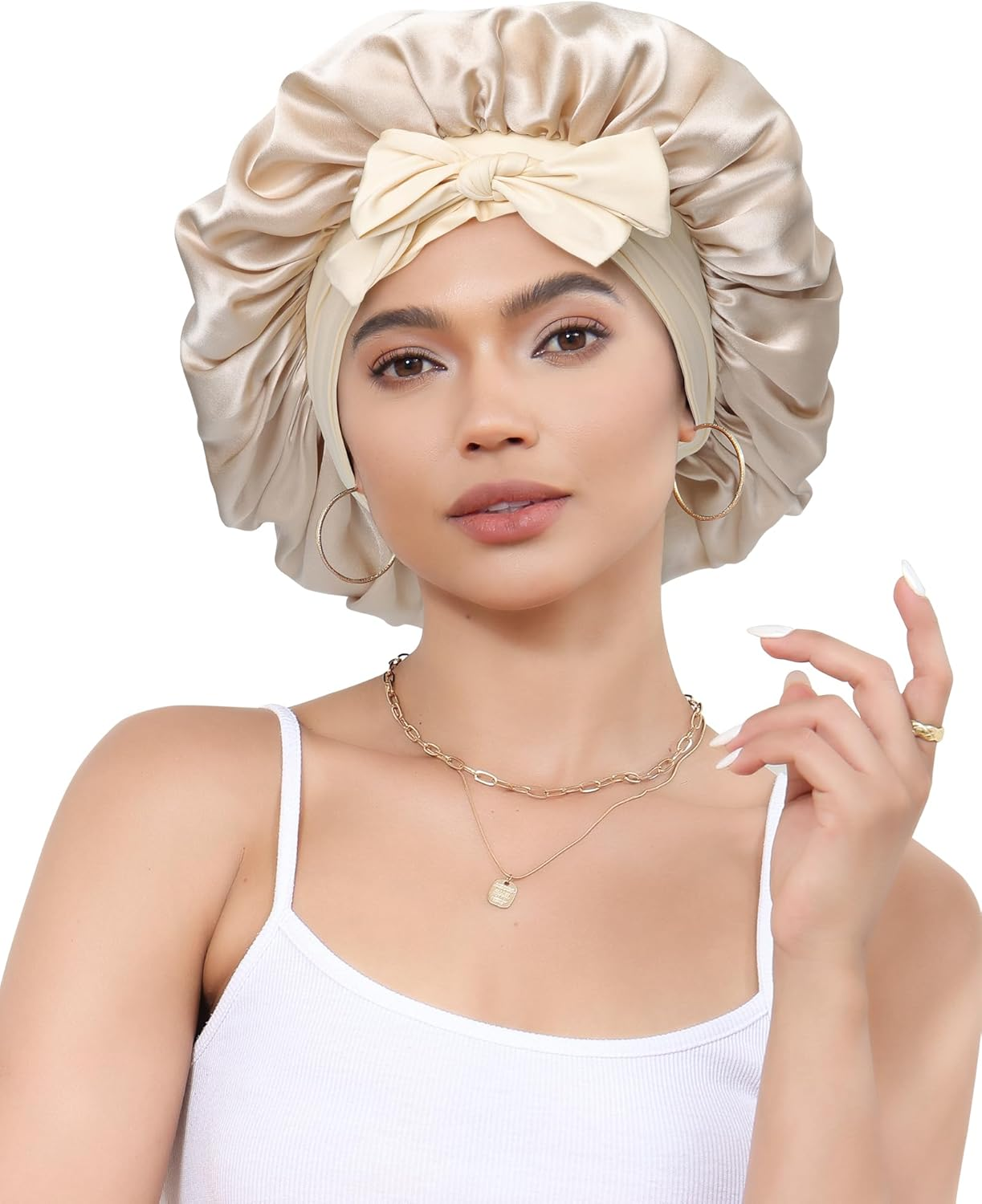 Silk Bonnet for Sleeping 100% Mulberry Women Double Layer Silk Sleep Cap with Adjustable Elastic Band Silk Hair Wrap