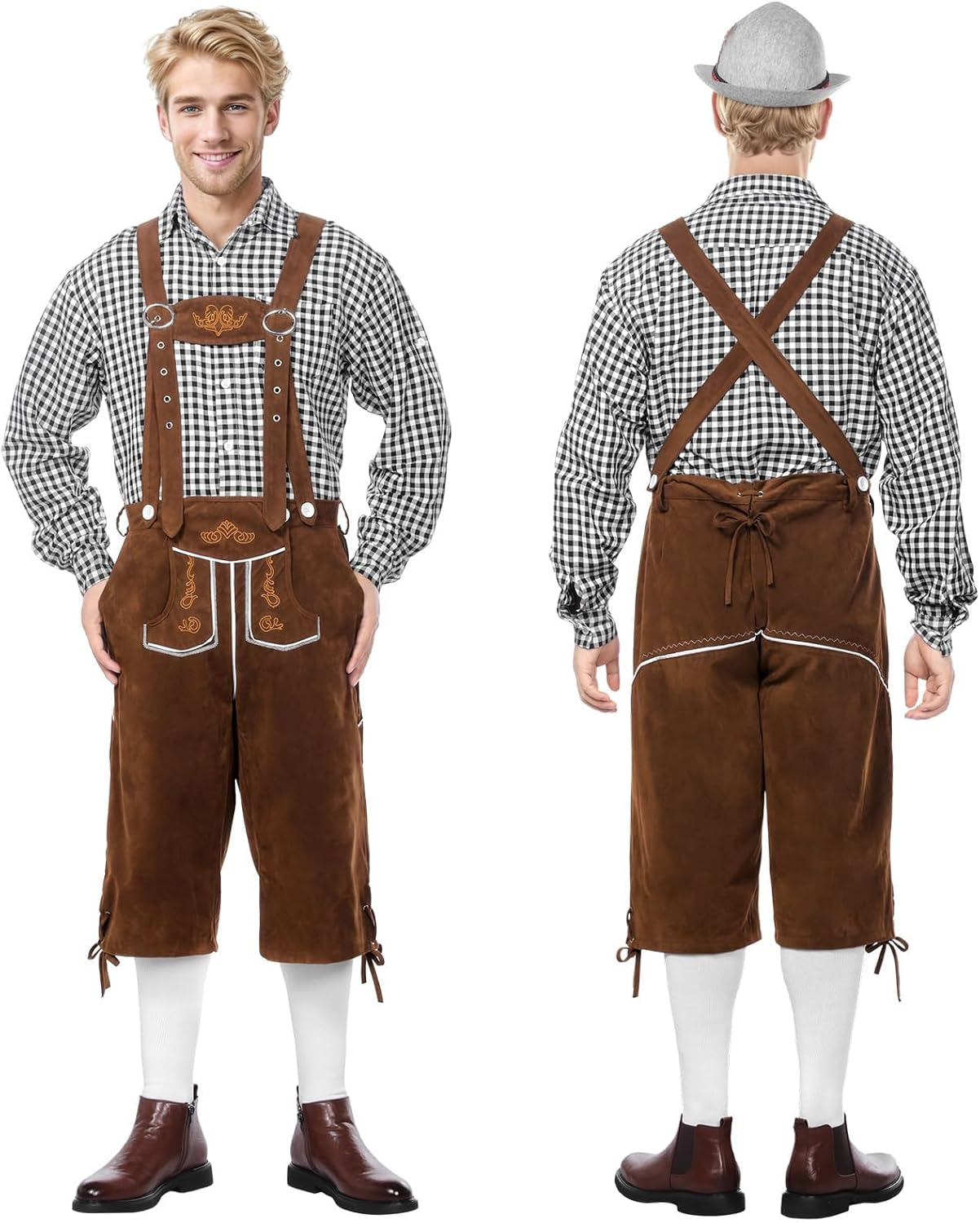 Slowton Oktoberfest Costume for Men - 2PCS Men Lederhosen Set with Suspenders and Shirt Adult German Bavarian Brown Lederhosen Outfits for Halloween Dress up Party Beer Festival Costume image number 6