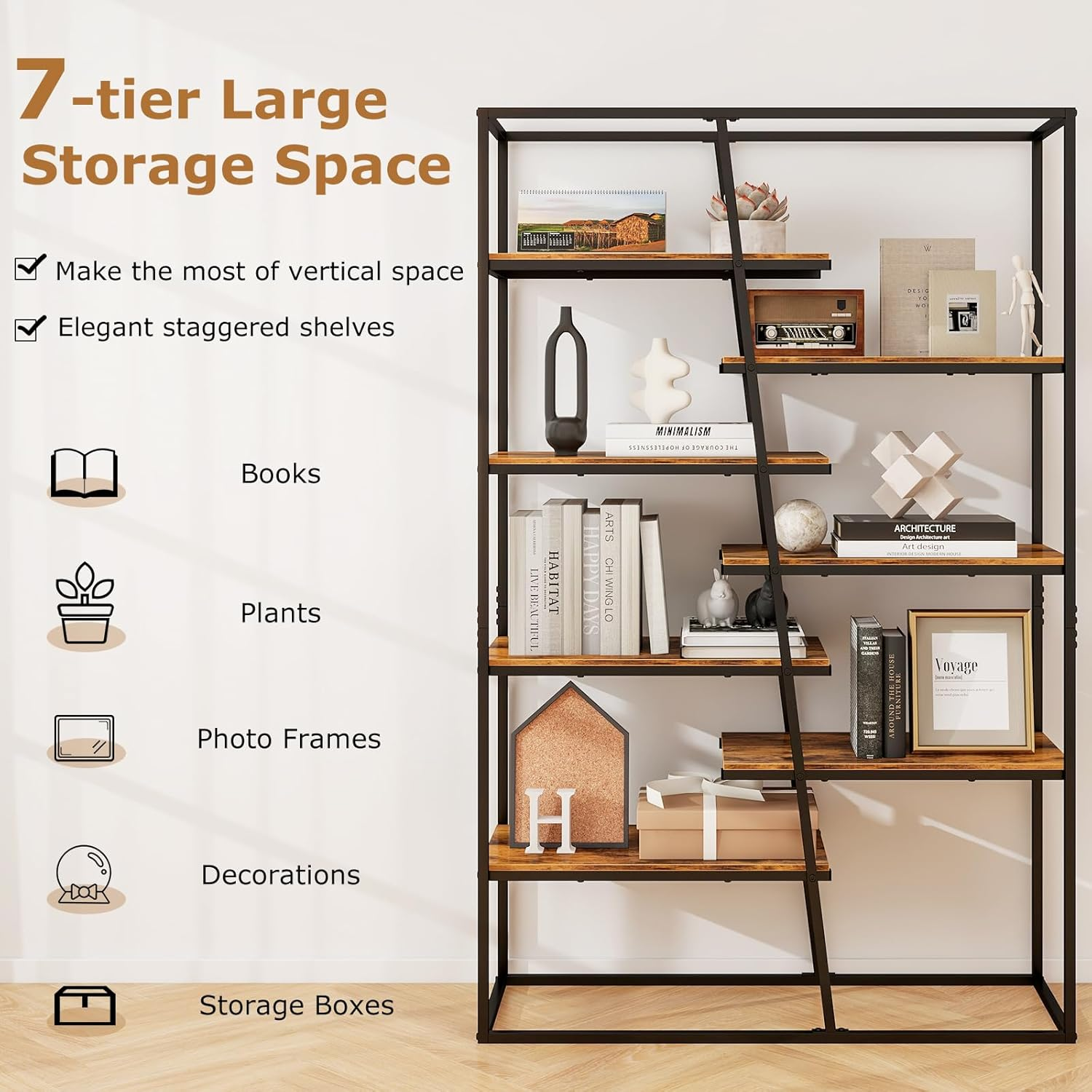 Giantex 180 Cm Tall Bookshelf, 7-Tier Industrial Etagere Bookcase with Heavy-Duty Metal Frame, Freestanding Double Wide Display Rack for Living Room Bedroom Home Office, Rustic Brown image number 1