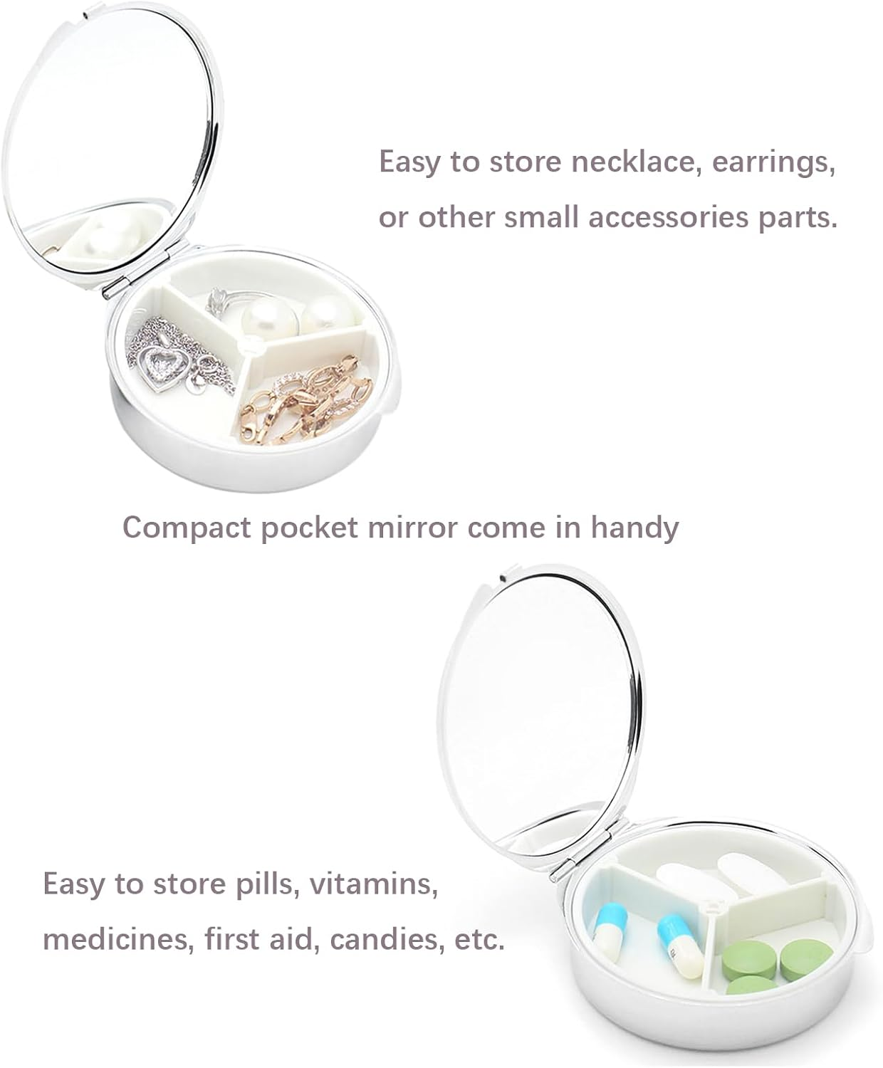 Pill Box Organiser Round, Metal Pill Holder 3 Compartment, Small Portable Pill Case for Travel Pocket Purse, Daily Pill Container with Mirror, Gift Choice (Sun&Moon) image number 3