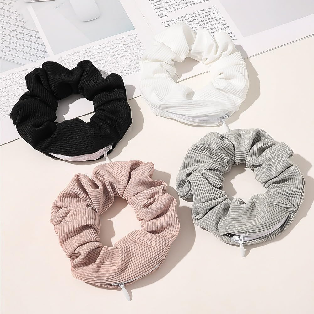 Pack of 3 Colourful Velvet Scrunchies Hair Scrunchies Elastic Hair Bands Women Ponytail Headdress Hair Clips for Girls and Women Hair Accessories with Hidden Zip Pocket, White image number 2