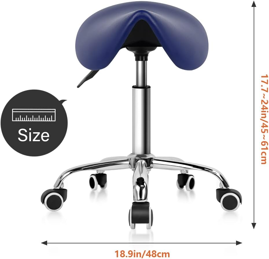 KKTONER Rolling Saddle Stool PU Leather Swivel Adjustable Rolling Stool with Wheels Salon Chair (Blue) image number 1