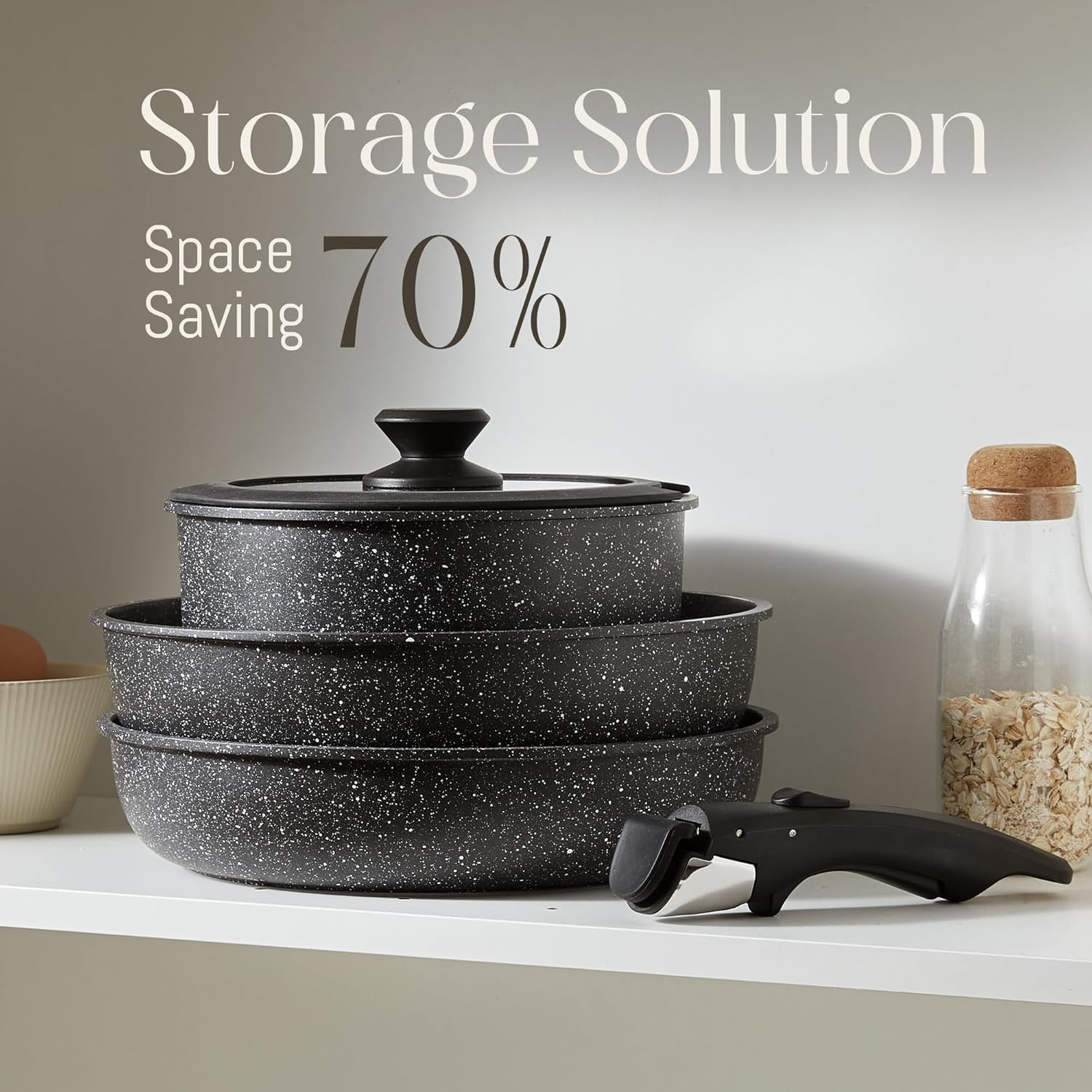 5 Pcs Pots and Pans Set Non Stick - Detachable Handle Cookware Set, Induction Nonstick Kitchen RV Cooking Set Removable Handle - Dishwasher ＆ Oven Safe ＆Heat Evenly for Better Cooking (Black) - Black image number 2