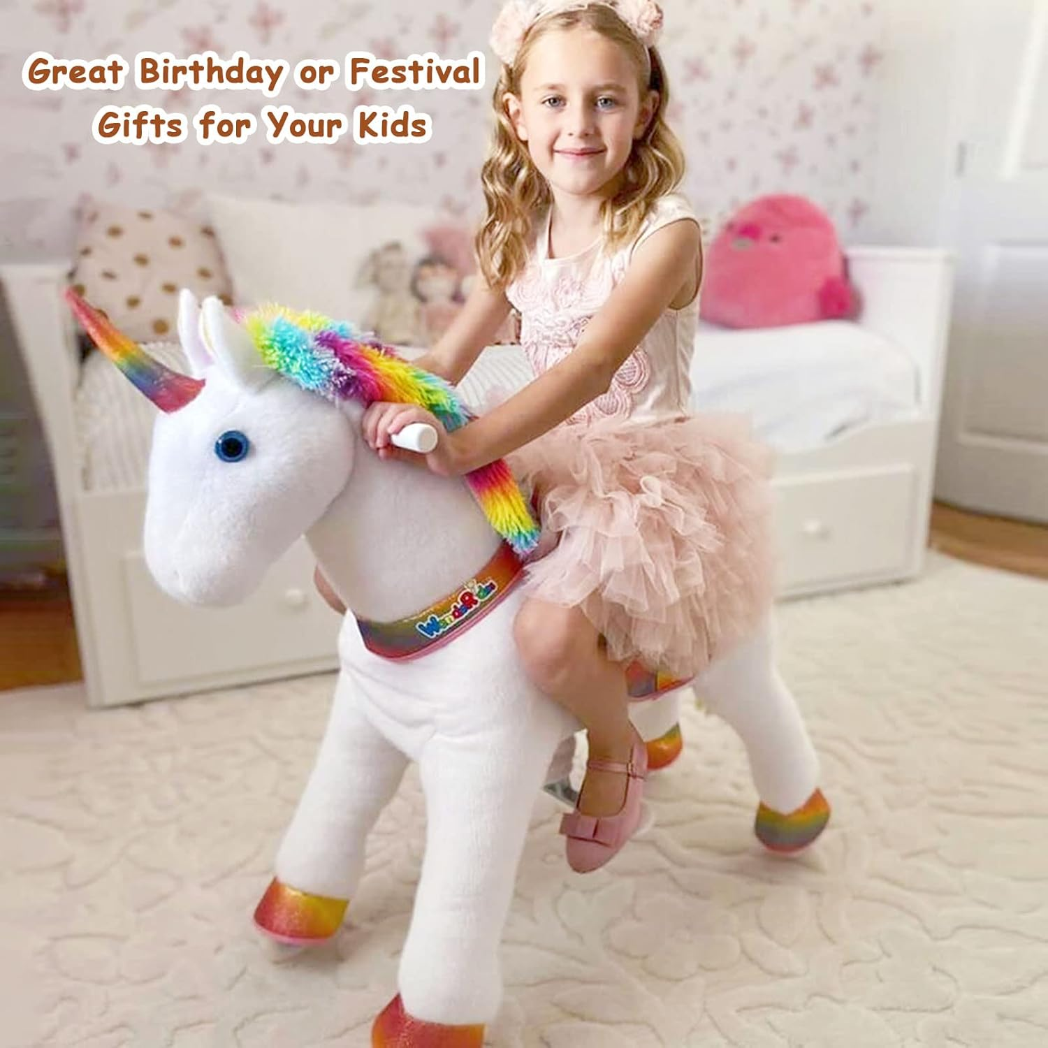 Wonderides Ride on Unicorn Plush Horse Toy for Girls Walking Animal Giddy up Pony Medium for Age 4-9 (35.8 Inch Height), Mechanical Riding Horse with Wheels image number 4