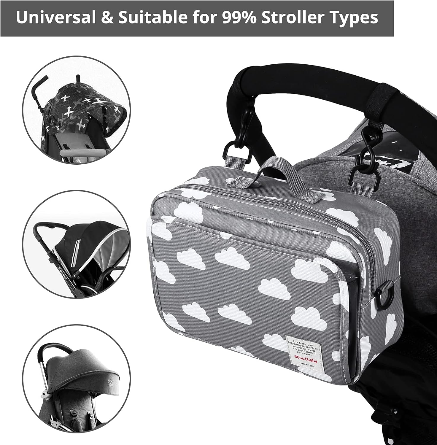 Small Diaper Bag, Stroller Organizer Bags for Baby with Insulated Pocket, Stroller Hooks and Adjustable Strap,Universal Mini Diaper Tote Bags Fit All Strollers, Gray - Carved image number 7