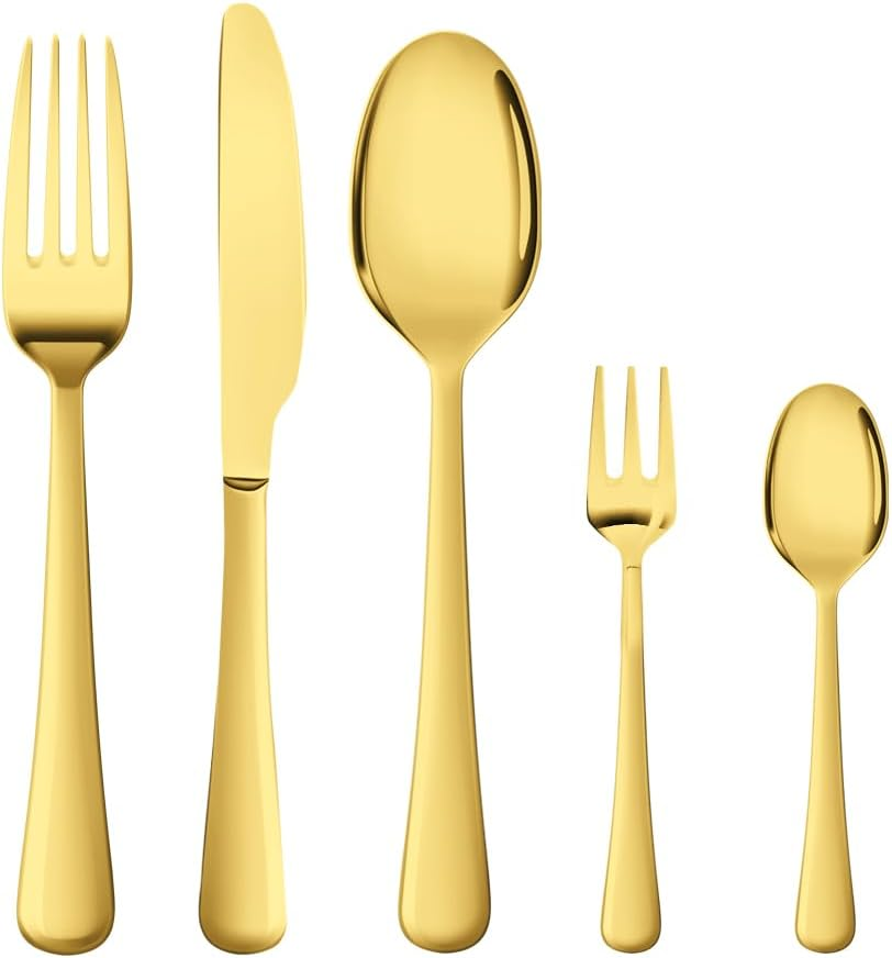 TOQUE 30PCS Gold Cutlery Set, Stainless Steel Kitchen Knife Fork Spoon Sets, Food Grade Travel Camping Mirror Polish Dishwasher Safe Coffee Utensil Dinner Portable Set