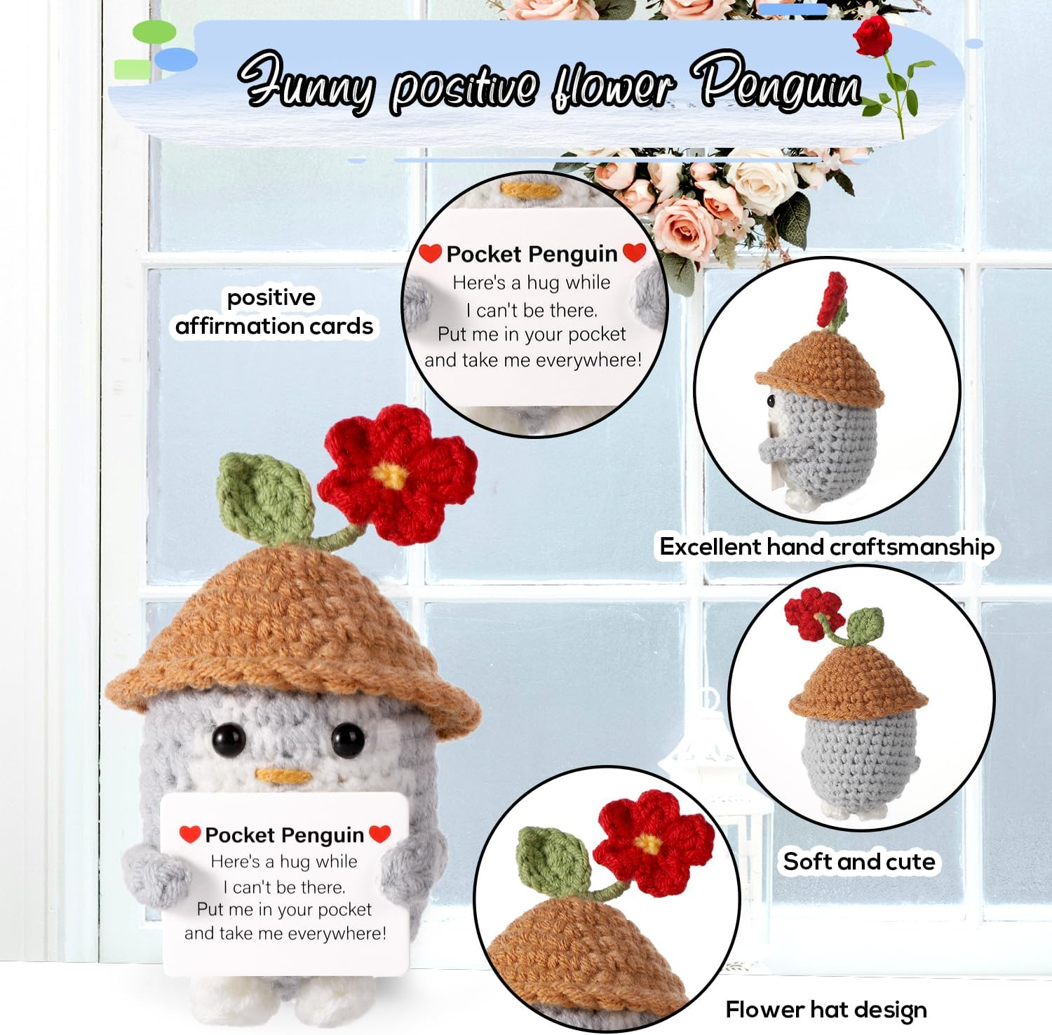 Lasuroa Funny Positive Penguin, 10 Cm Cute Knitted Penguin Toy with Card, Positive Potatoes, Creative Crochet Penguin with Hat for Families, Friends, Encouragement Gift image number 1