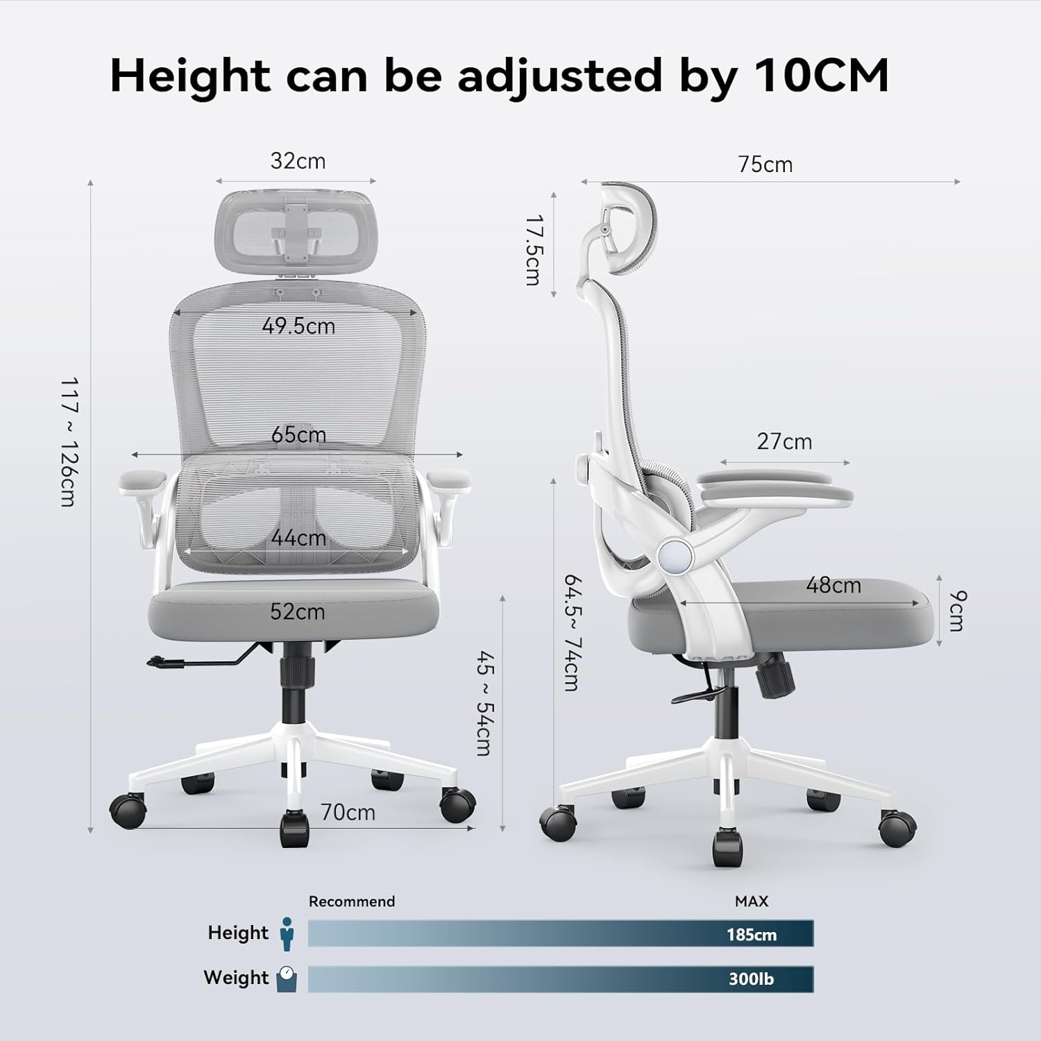 SIHOO M102C-M102Ergonomic Office Chair, Computer High Back Chair with Dual Back Design - Individual Lumbar Pillow, 3D Armrests, Adjustable Headrest and Comfortable Thick Cushion (Gray) - Gray image number 3