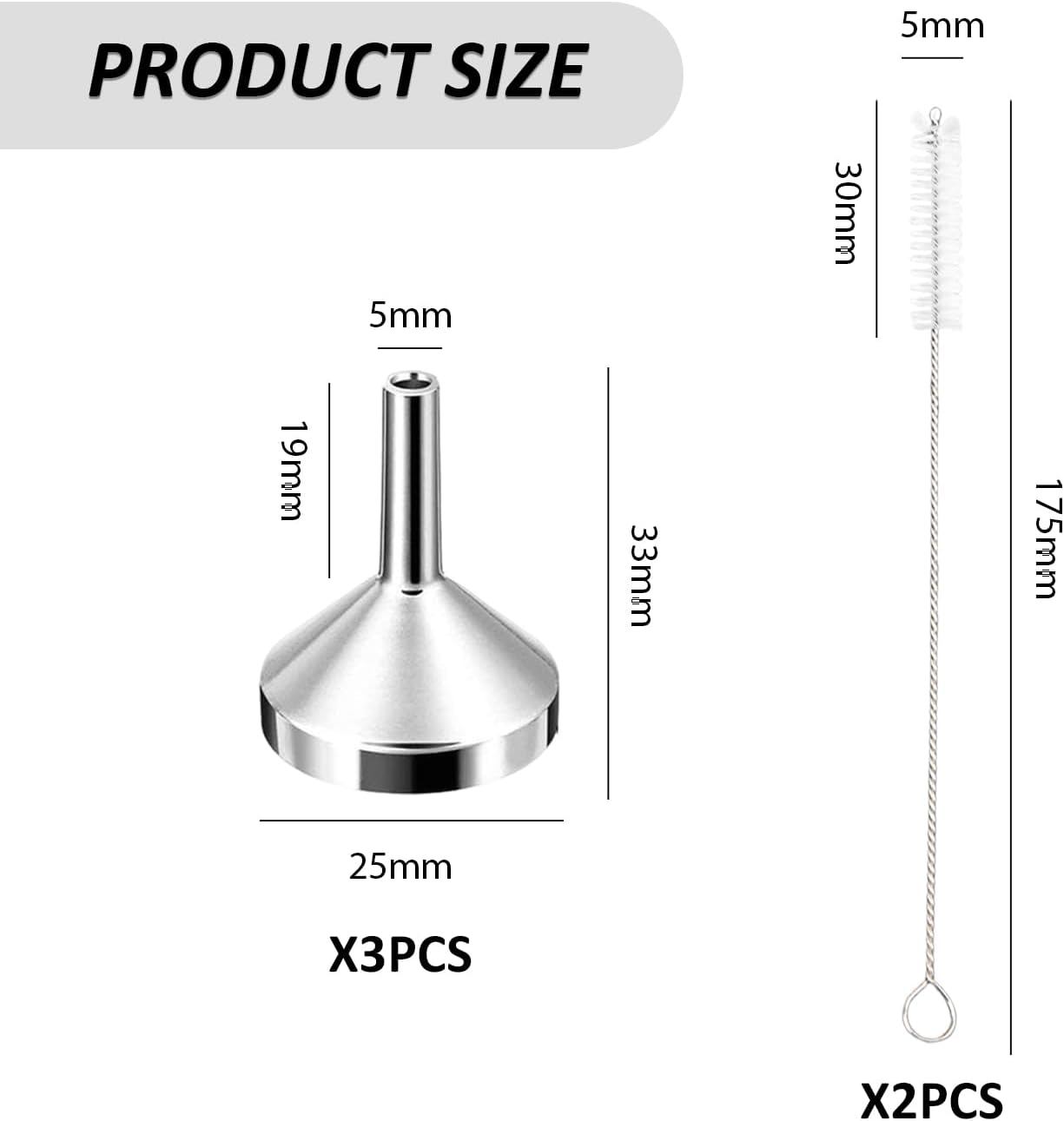 Pack of 3 Metal Funnel and 2 Cleaning Brushes, Mini Funnel, Portable Funnel, Liquid Dispensing Tool, Household Appliances image number 1