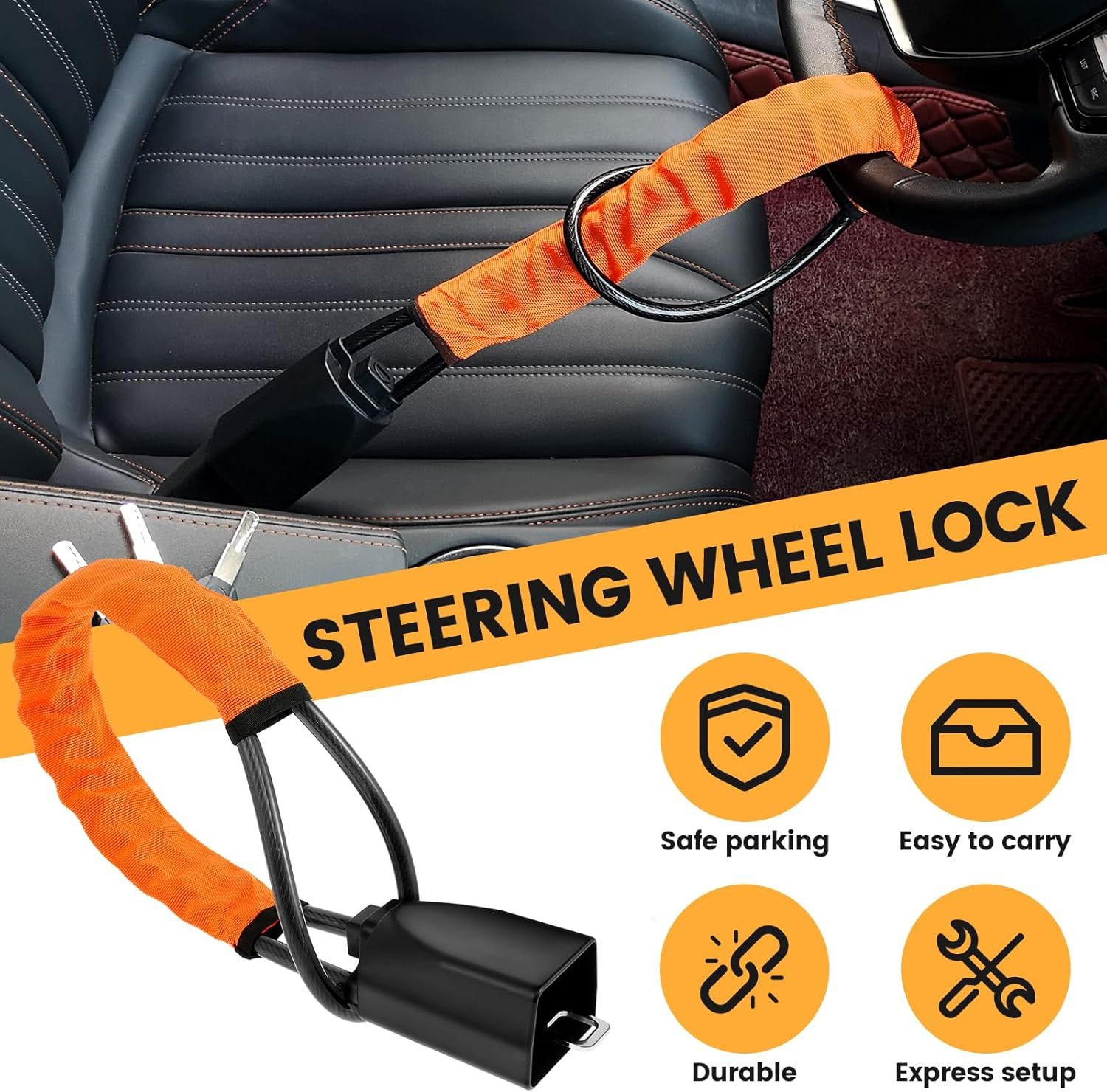 Auto Security Lock, Steering Wheel Lock Car Lock Rope with 3 Keys, Anti-Theft Car Seat Belt Lock, Orange image number 3