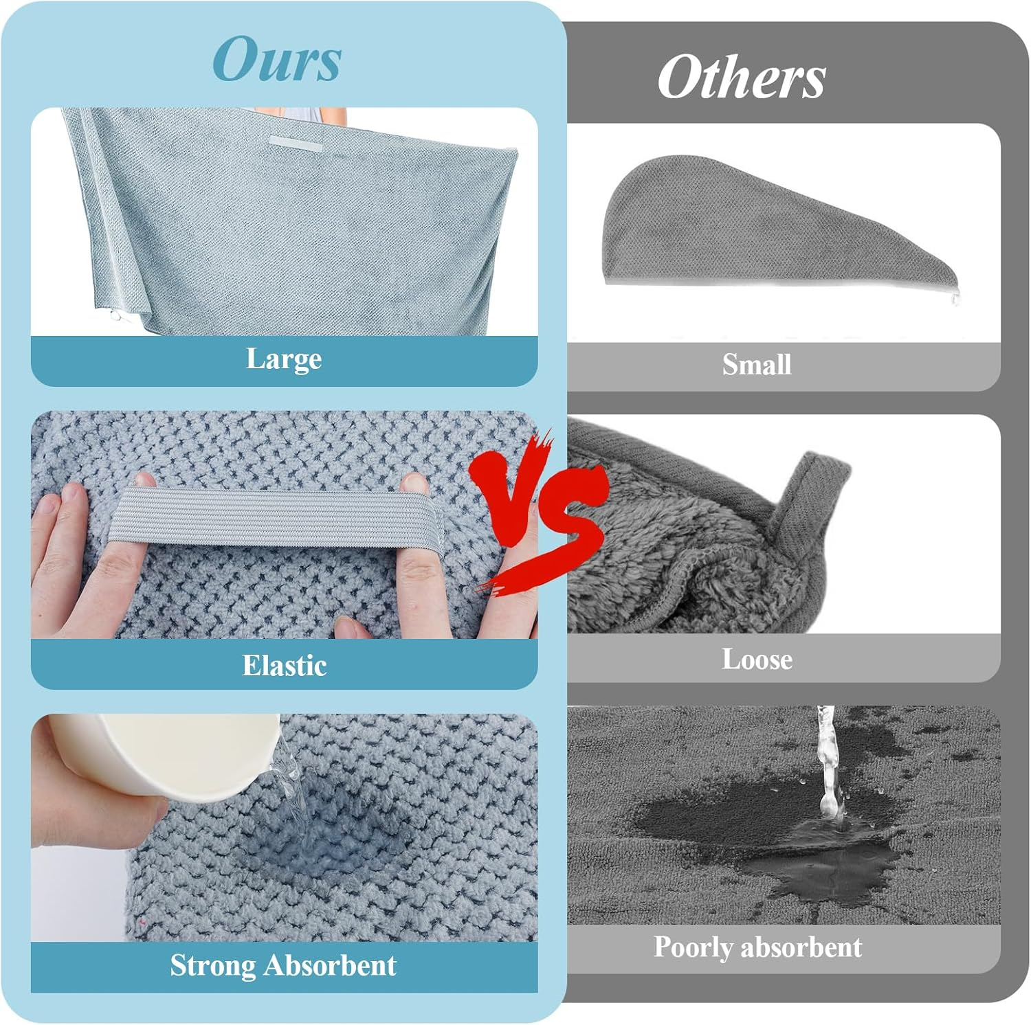 Pack of 2 Microfibre Hair Towels, 100 X 60 Cm, Hair Turban with Elastic Band, Microfibre Towel Hair, Quick Drying, Hair Turban Microfibre for Long Hair, Curly Hair, Thick (Grey) image number 5