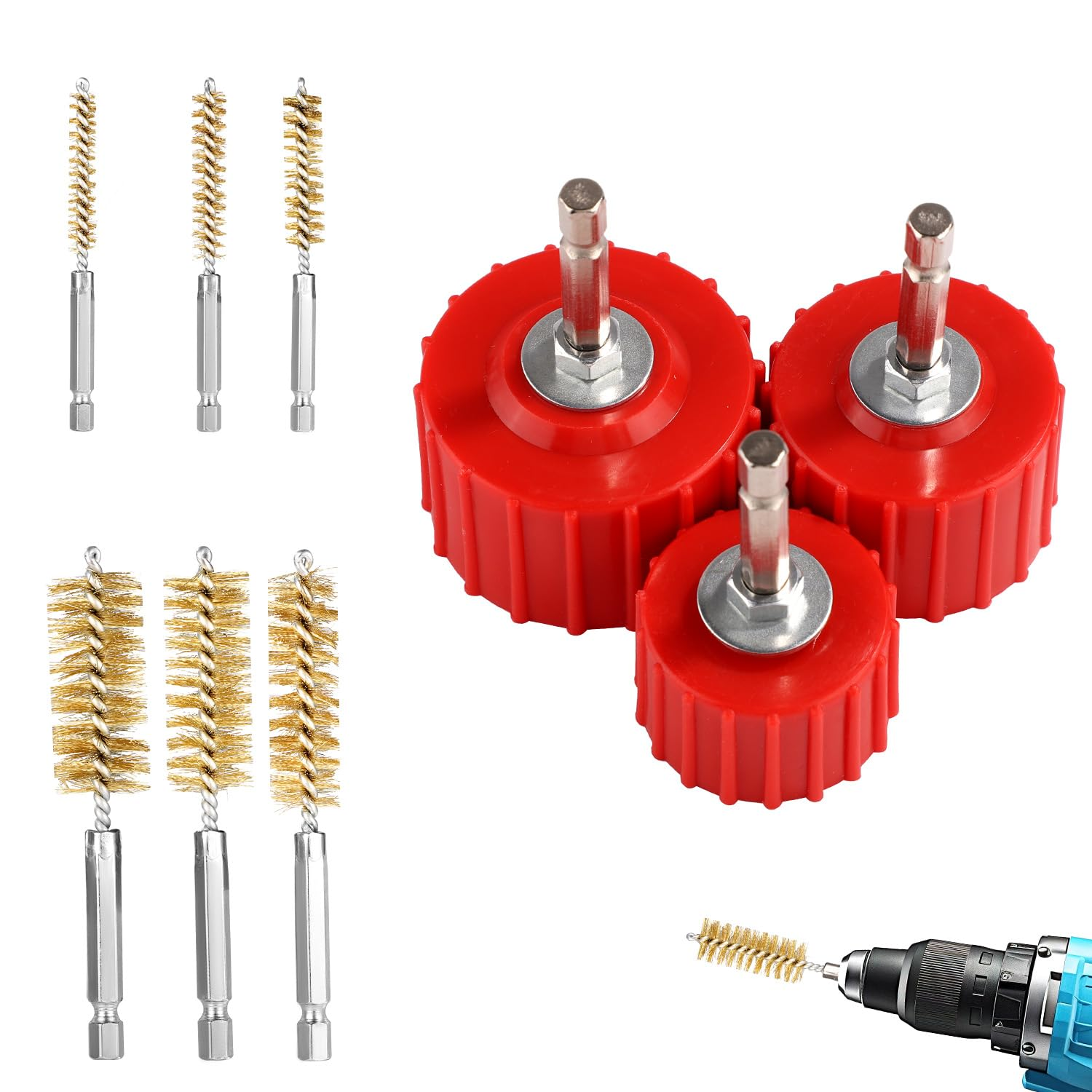 9Pcs Copper Pipe Cleaner Set for Power Drill, 3Pcs 1/2" 3/4" 1" Tube Cleaning Brushes & 6 Brass Wire Bore Brushes Metal Pipe Cleaner for Drill Copper Tubes and Fittings Soldering image number 2