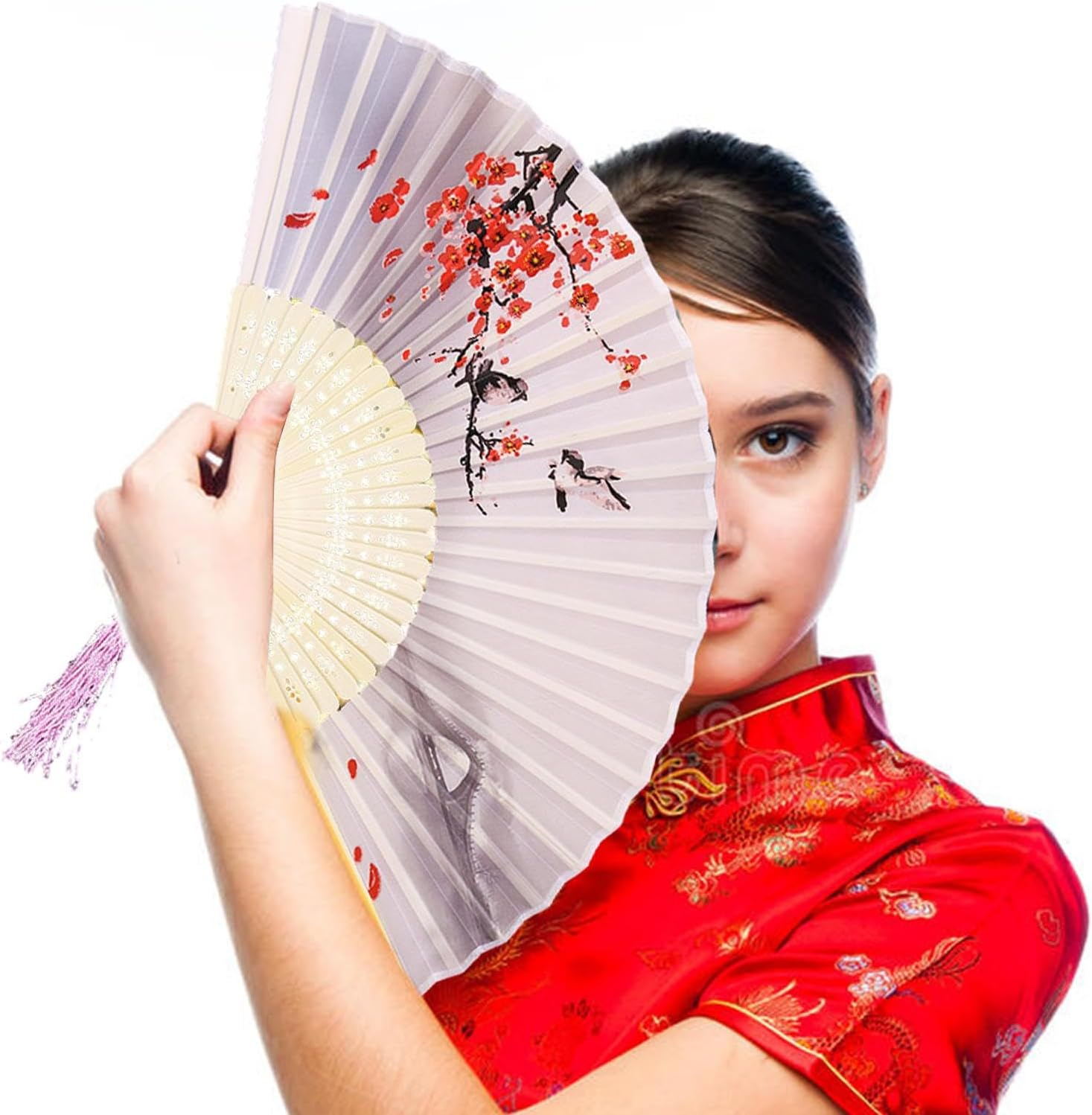 Small Folding Hand Fan - Japanese Silk Folding Fans | with Tassels Silk Bamboo Tassel Fan Antiquity Chinese Fan for Dance Bamboos Fan Manolyee - Style 7 image number 3
