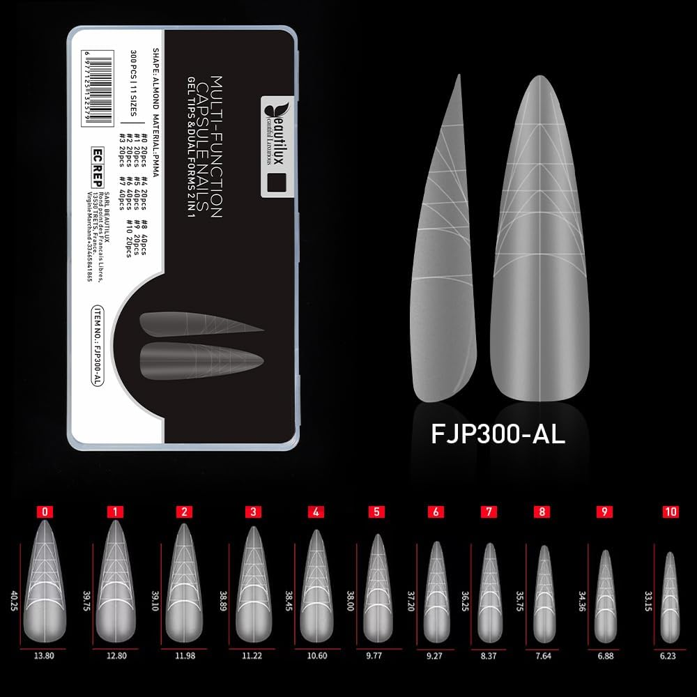 Beautilux Tips for Gel Nails, Pack of 300 with Guide Lines, Full Cover Nail Tips, 12 Sizes, Artificial for Nail Tips and Dual Nail Forms (FJP300-AL) image number 4