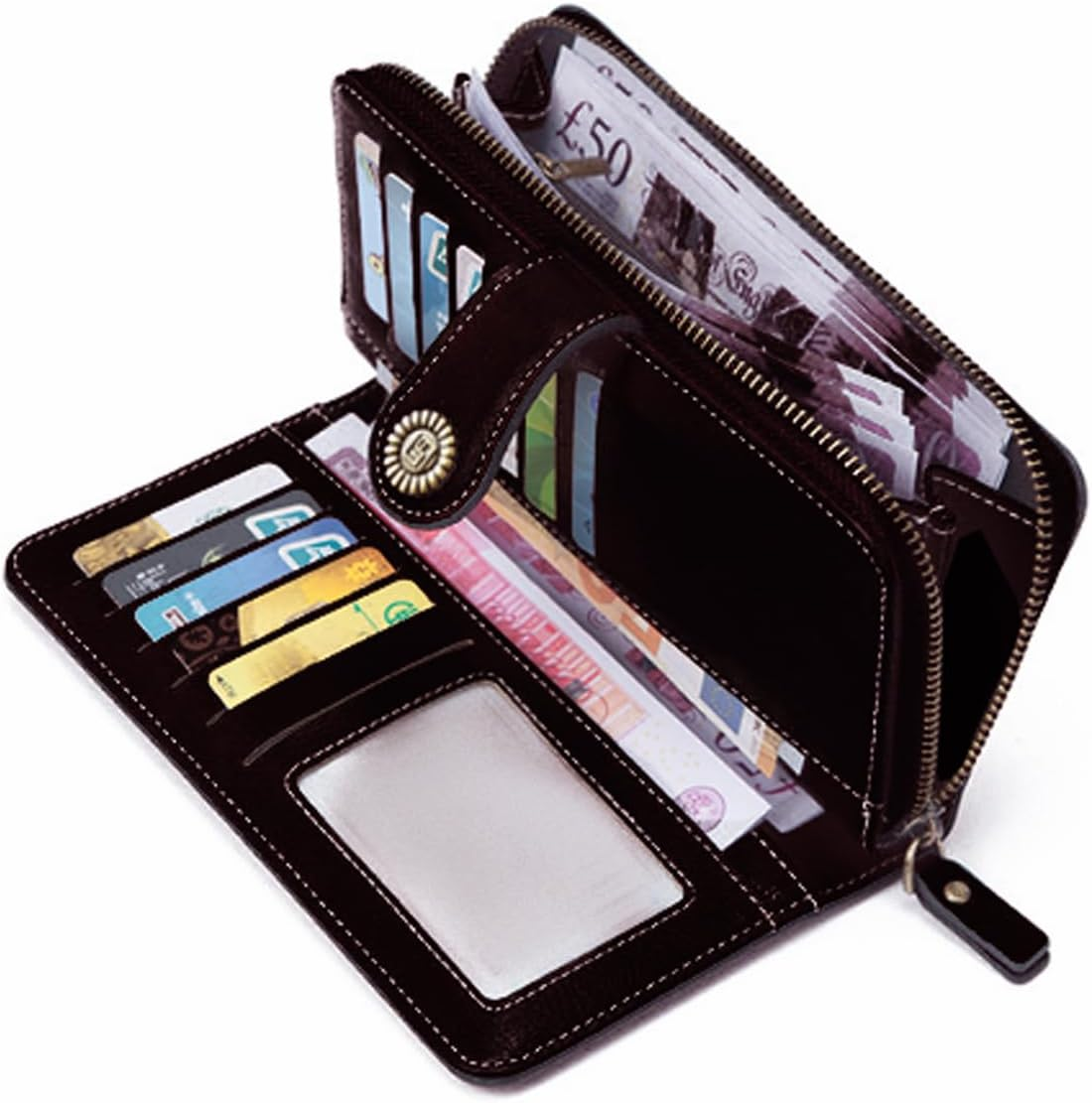 Women Long Wallet Retro Oil Wax Leather Hollowing Out Purse RFID Blocking Credit Card Holder Cute Ladies Girl Travel-Black - Brown image number 4