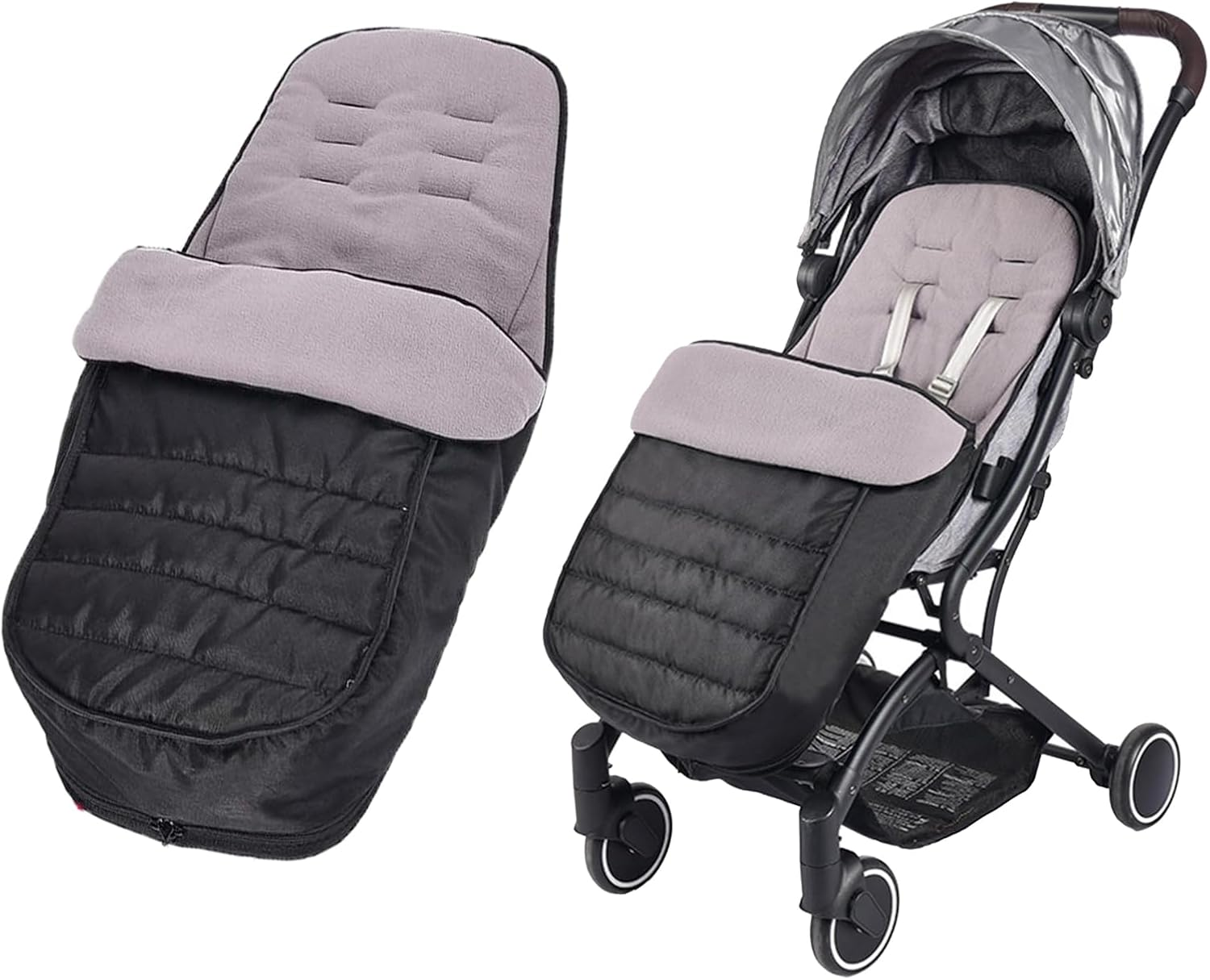 Universal Pushchair Footmuff Fleece Lined Stroller Pram Waterproof and Windproof 2 in 1 Foot Cover Winter Warm Detachable Baby Stroller Liner Infant Toddler Buggy Thicken Sleeping Bag with Dual-Zips