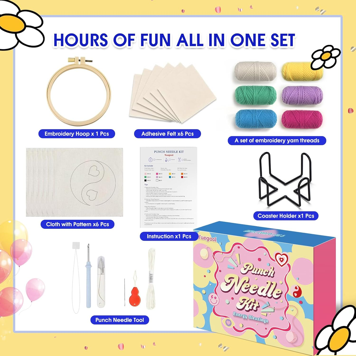 Yuegool 6PCS Punch Needle Coasters Kit,Easy DIY Punch Needle Embroidery Kit for Beginners Adults Kids Including Energy Blessings Patterns, Tools, Yarns, Hoop, Instruction, Coaster Holder