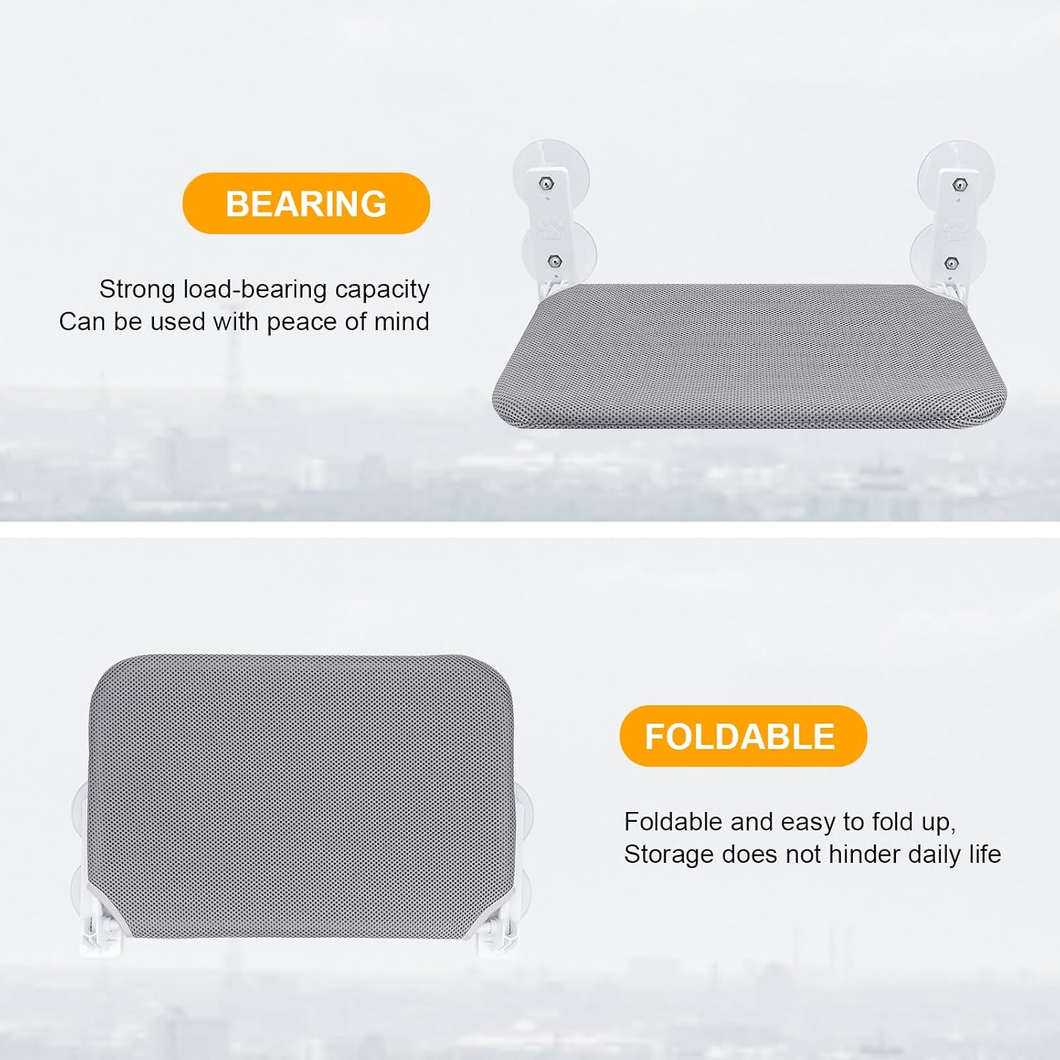 Cat Window Perch, Wireless Cat Window Hammock Foldable with 4 Suction Cups Fixed Frame Breathable Mesh Cat Window Seat Cat Beds (Grey, 45 X 30 Cm) - Gray image number 5